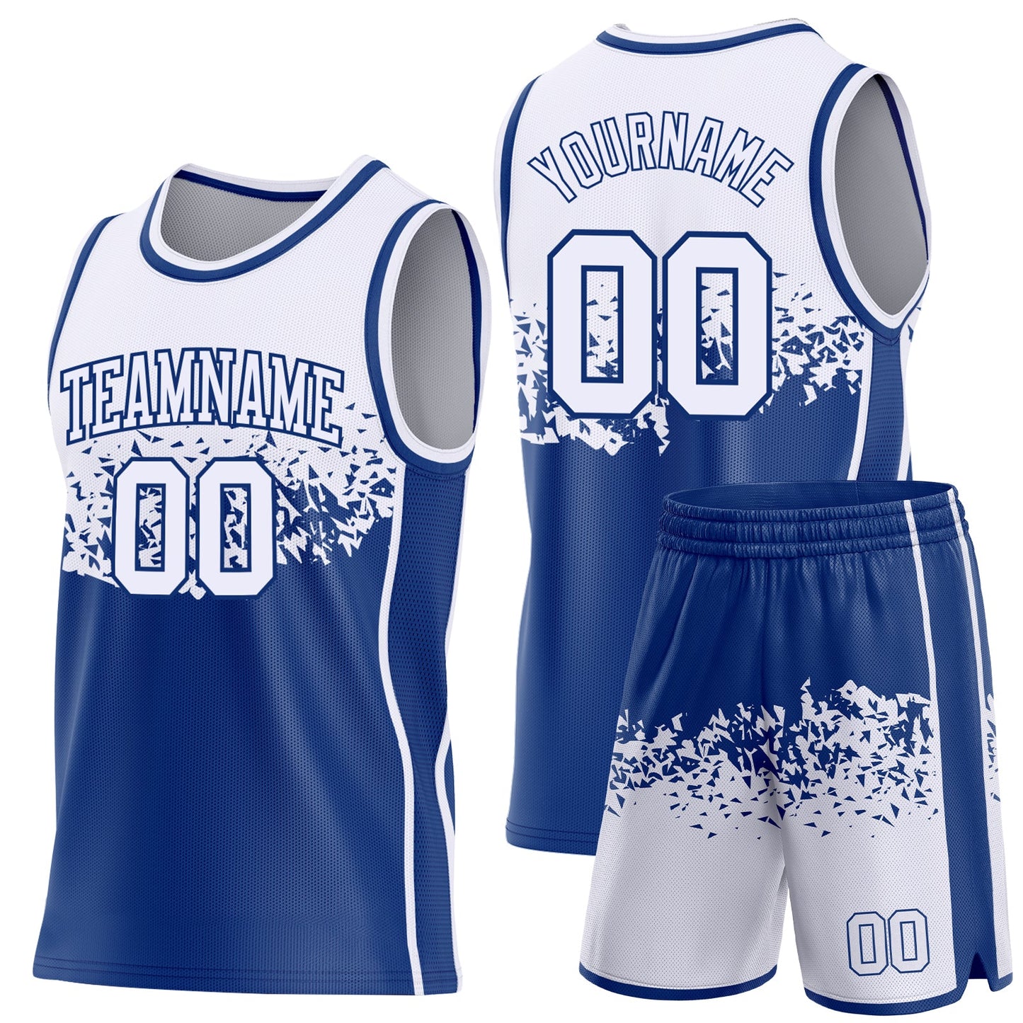 Custom White-Royal Shattered Geometric Side Panel Stripe Round Neck Sublimation Basketball Set Jersey view 2