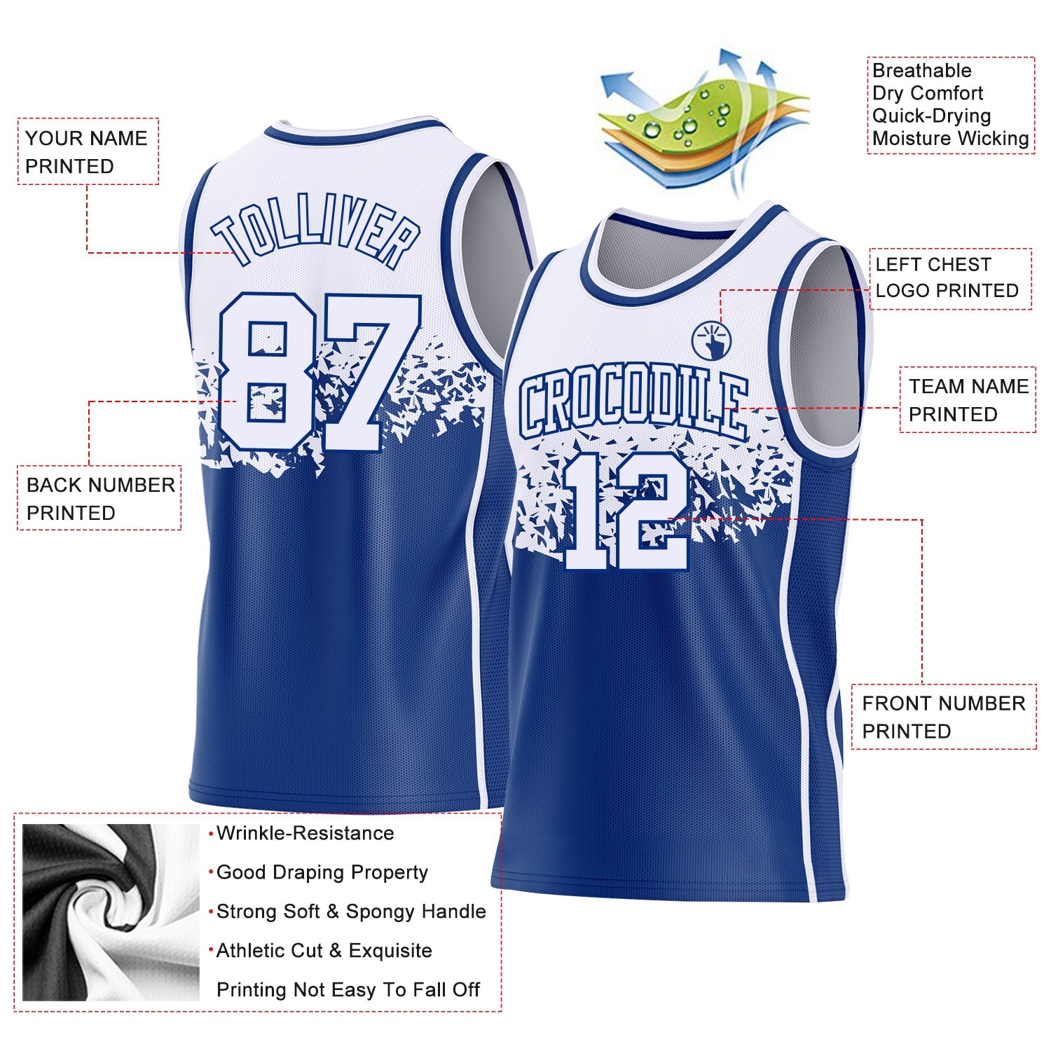 Custom White-Royal Shattered Geometric Side Panel Stripe Round Neck Sublimation Basketball Set Jersey view 3