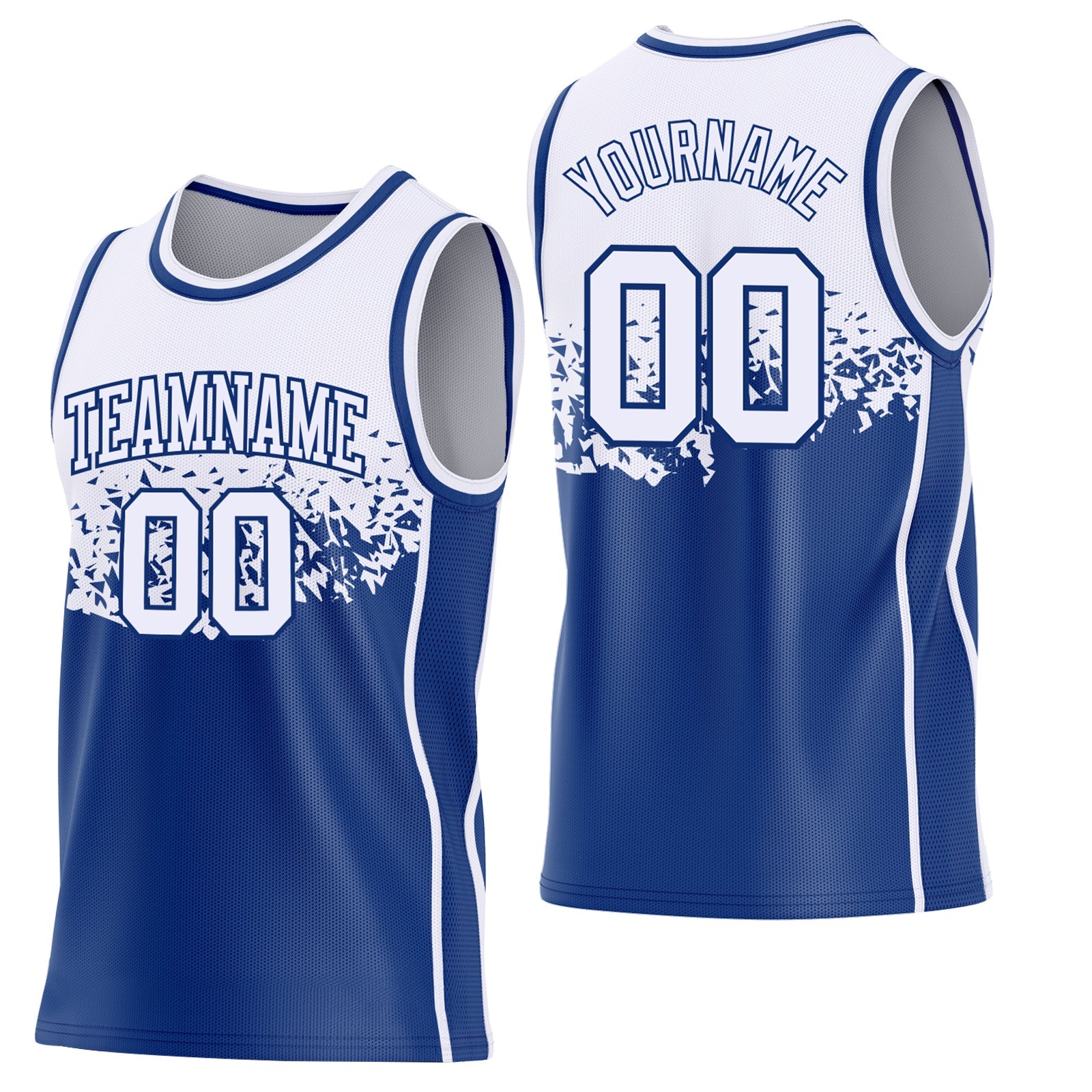 Custom White-Royal Shattered Geometric Side Panel Stripe Round Neck Sublimation Basketball Set Jersey - Main View