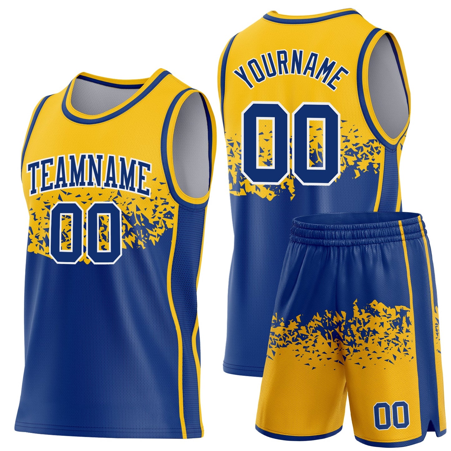 Custom Gold Royal-White Shattered Geometric Side Panel Stripe Round Neck Sublimation Basketball Set Jersey view 2