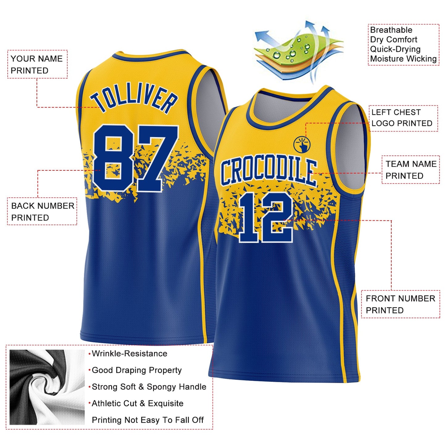 Custom Gold Royal-White Shattered Geometric Side Panel Stripe Round Neck Sublimation Basketball Set Jersey view 3