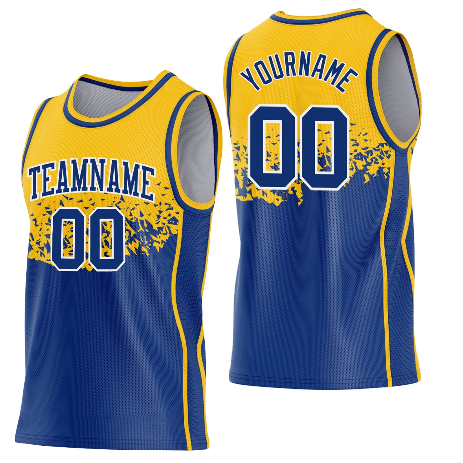Custom Gold Royal-White Shattered Geometric Side Panel Stripe Round Neck Sublimation Basketball Set Jersey - Main View