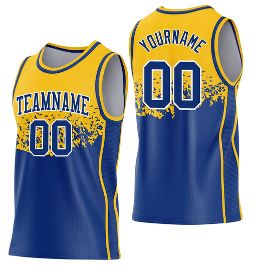Custom Gold Royal-White Shattered Geometric Side Panel Stripe Round Neck Sublimation Basketball Set Jersey - Main View