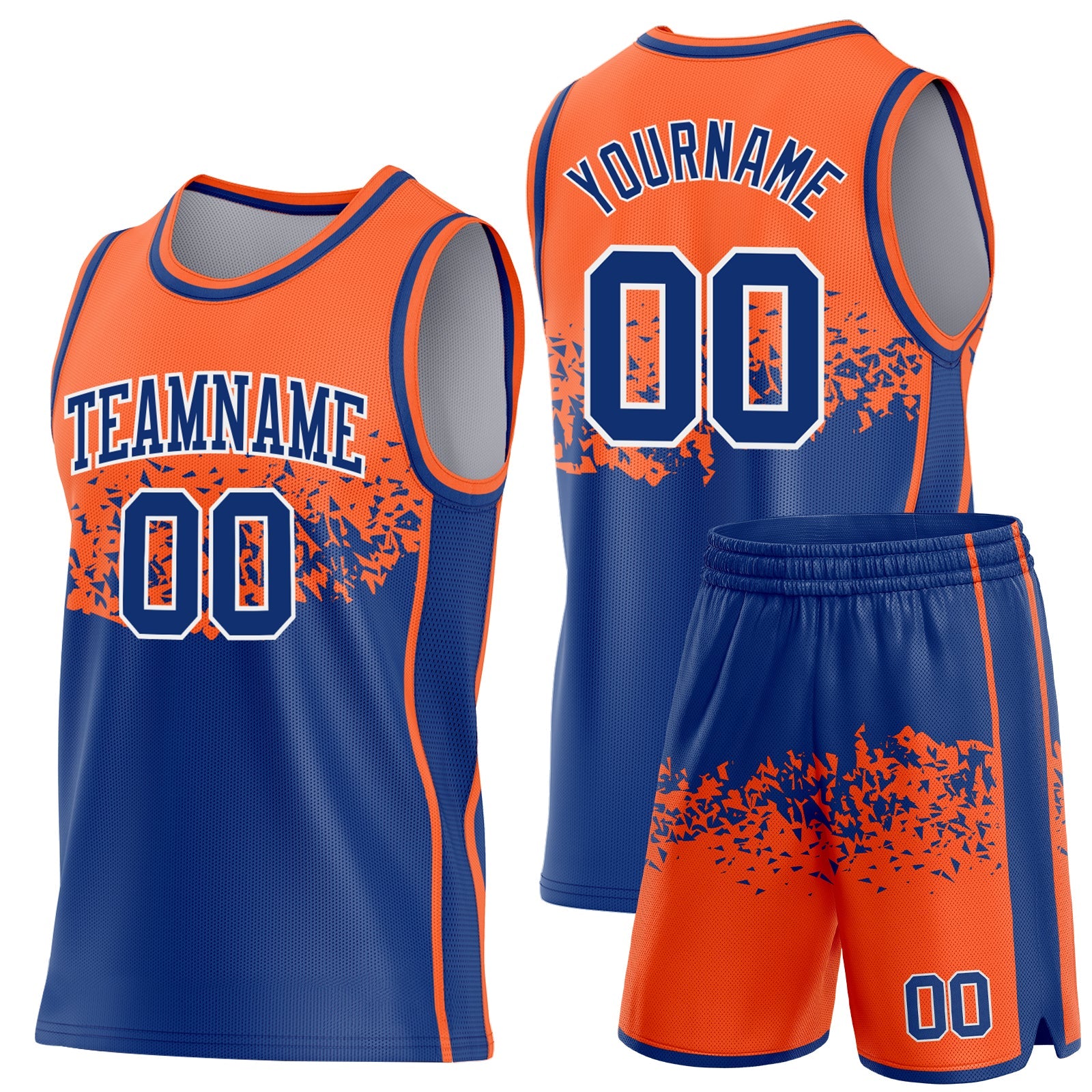 Custom Orange Royal-White Shattered Geometric Side Panel Stripe Round Neck Sublimation Basketball Set Jersey view 2