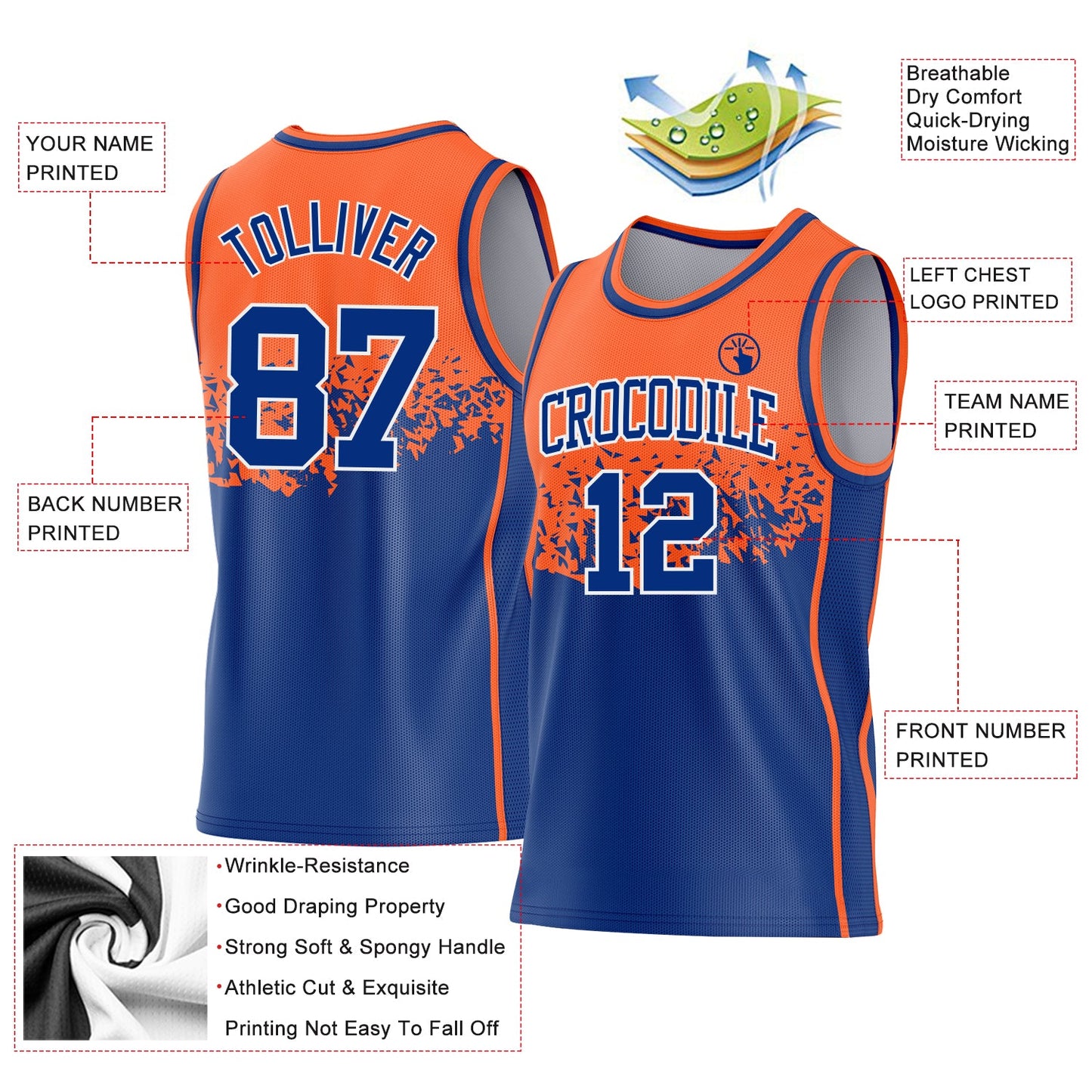 Custom Orange Royal-White Shattered Geometric Side Panel Stripe Round Neck Sublimation Basketball Set Jersey view 3