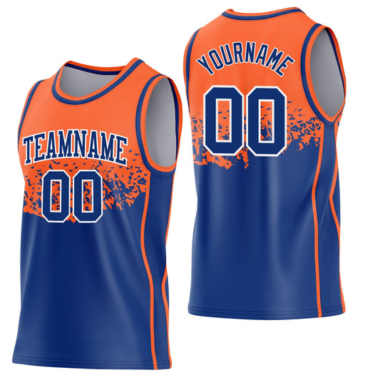 Custom Orange Royal-White Shattered Geometric Side Panel Stripe Round Neck Sublimation Basketball Set Jersey - Main View