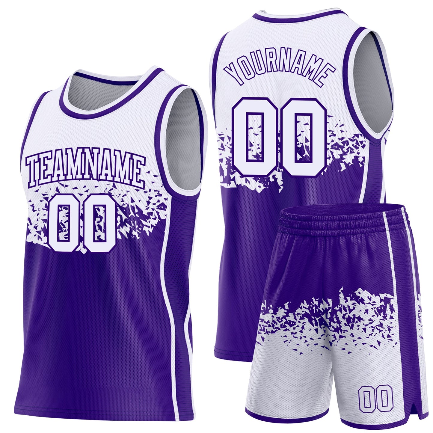 Custom White-Purple Shattered Geometric Side Panel Stripe Round Neck Sublimation Basketball Set Jersey view 2