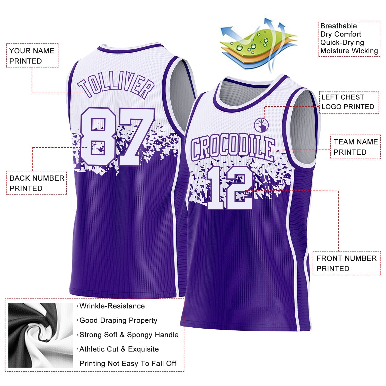 Custom White-Purple Shattered Geometric Side Panel Stripe Round Neck Sublimation Basketball Set Jersey view 3