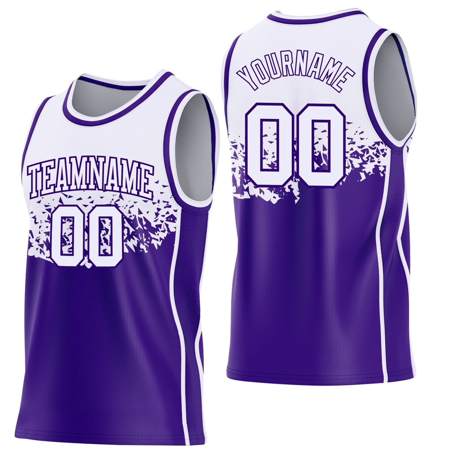 Custom White-Purple Shattered Geometric Side Panel Stripe Round Neck Sublimation Basketball Set Jersey - Main View