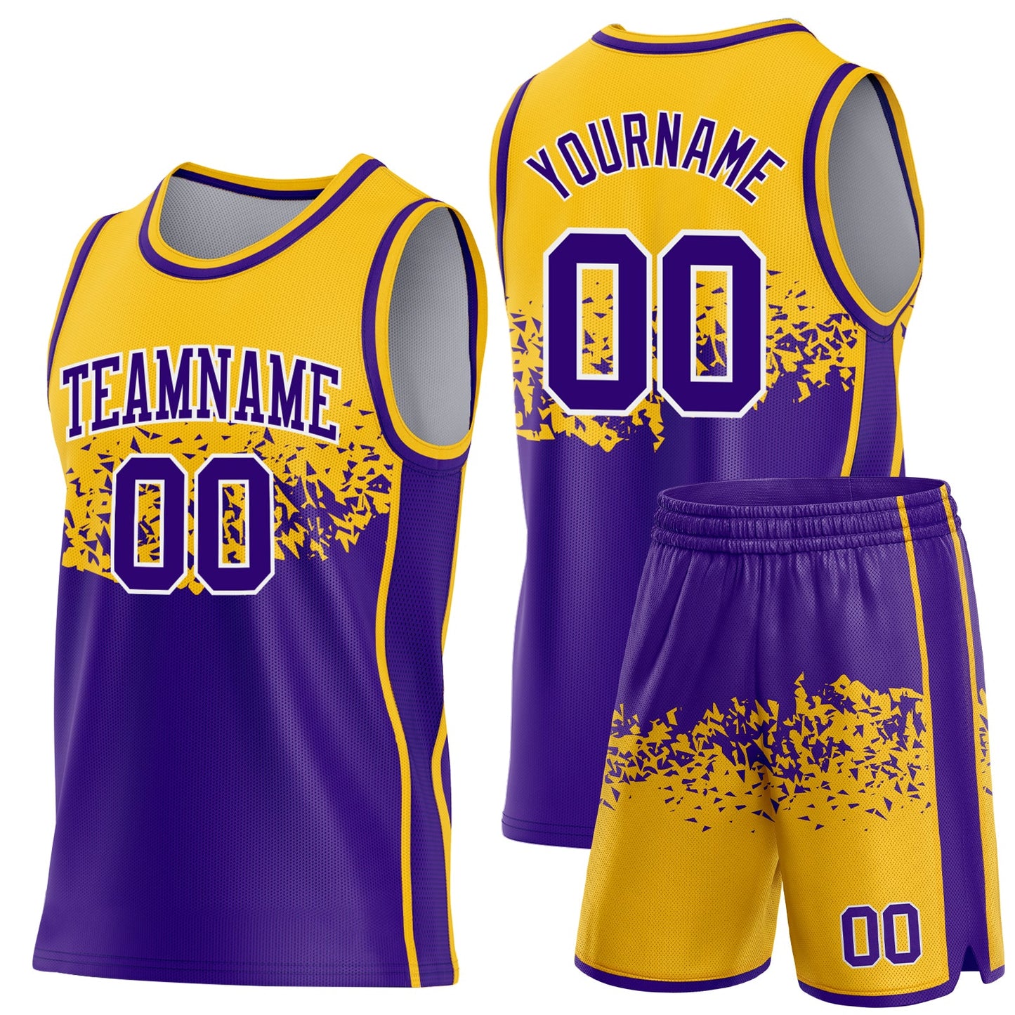 Custom Gold Purple-White Shattered Geometric Side Panel Stripe Round Neck Sublimation Basketball Set Jersey view 2