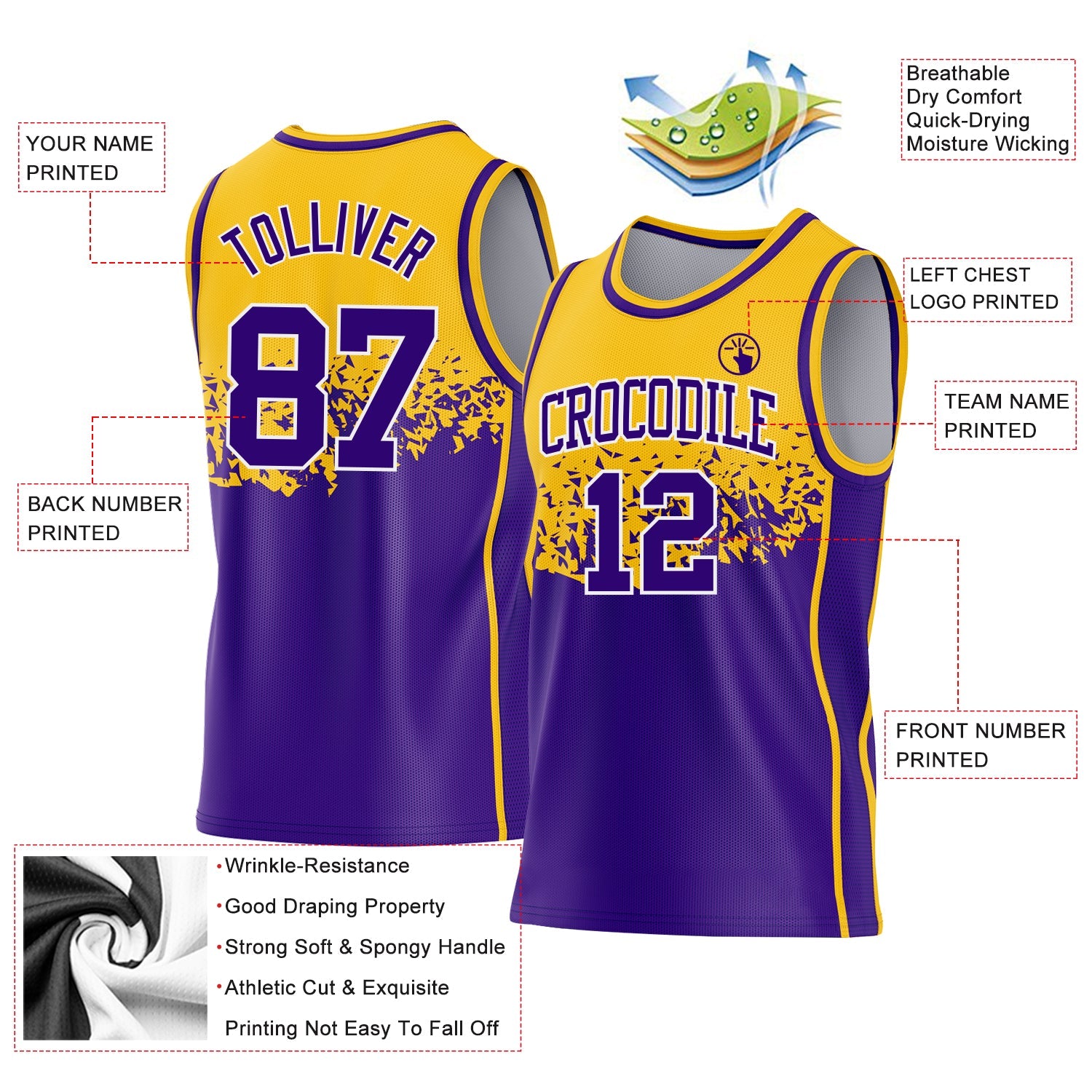 Custom Gold Purple-White Shattered Geometric Side Panel Stripe Round Neck Sublimation Basketball Set Jersey view 3