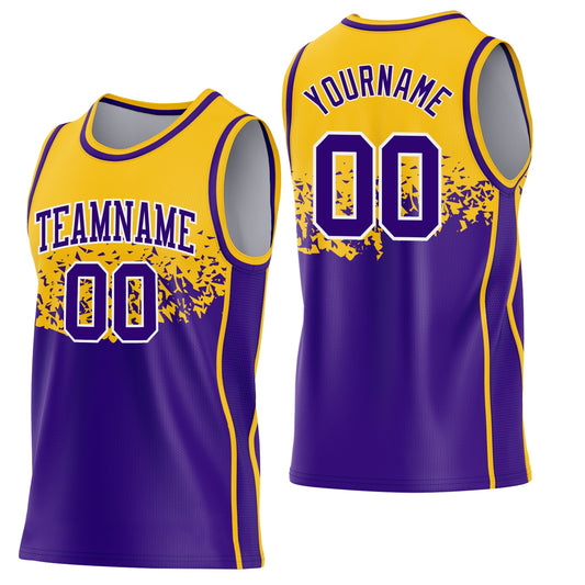 Custom Gold Purple-White Shattered Geometric Side Panel Stripe Round Neck Sublimation Basketball Set Jersey - Main View