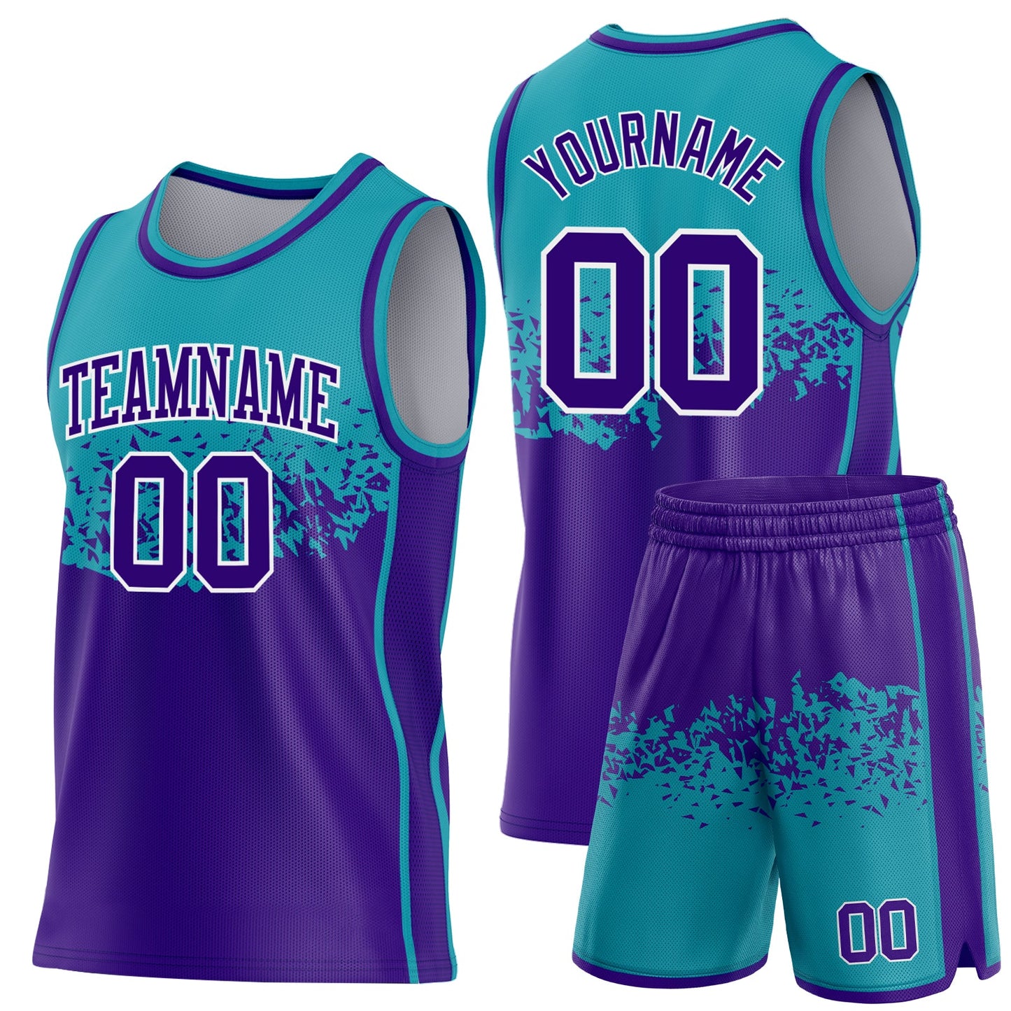 Custom Teal Purple-White Shattered Geometric Side Panel Stripe Round Neck Sublimation Basketball Set Jersey view 2
