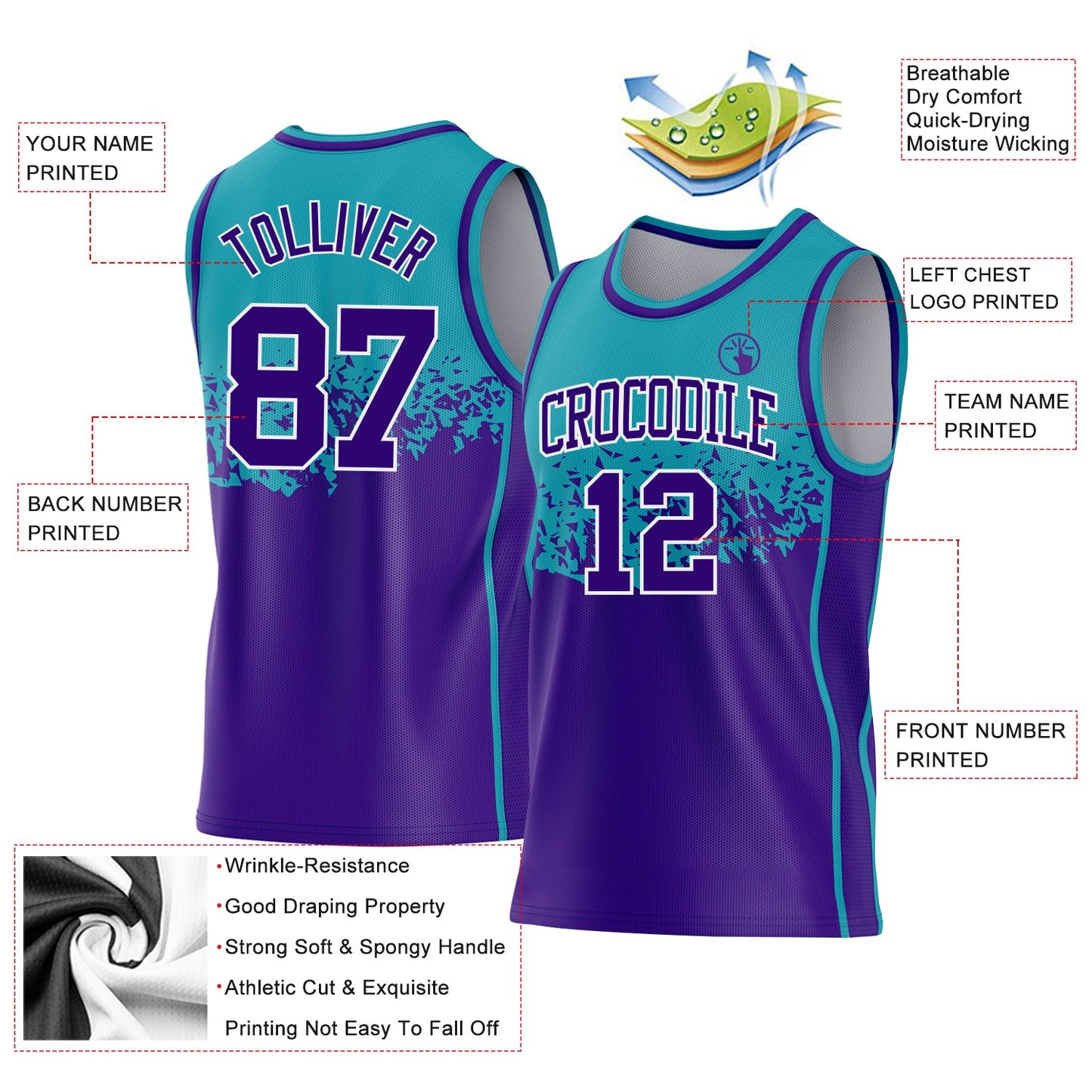 Custom Teal Purple-White Shattered Geometric Side Panel Stripe Round Neck Sublimation Basketball Set Jersey view 3