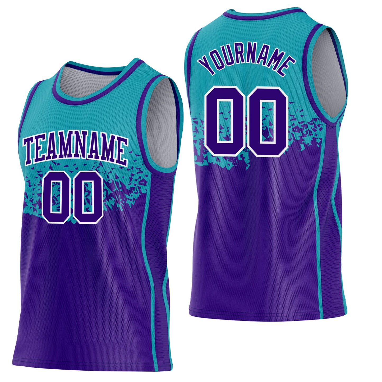 Custom Teal Purple-White Shattered Geometric Side Panel Stripe Round Neck Sublimation Basketball Set Jersey - Main View