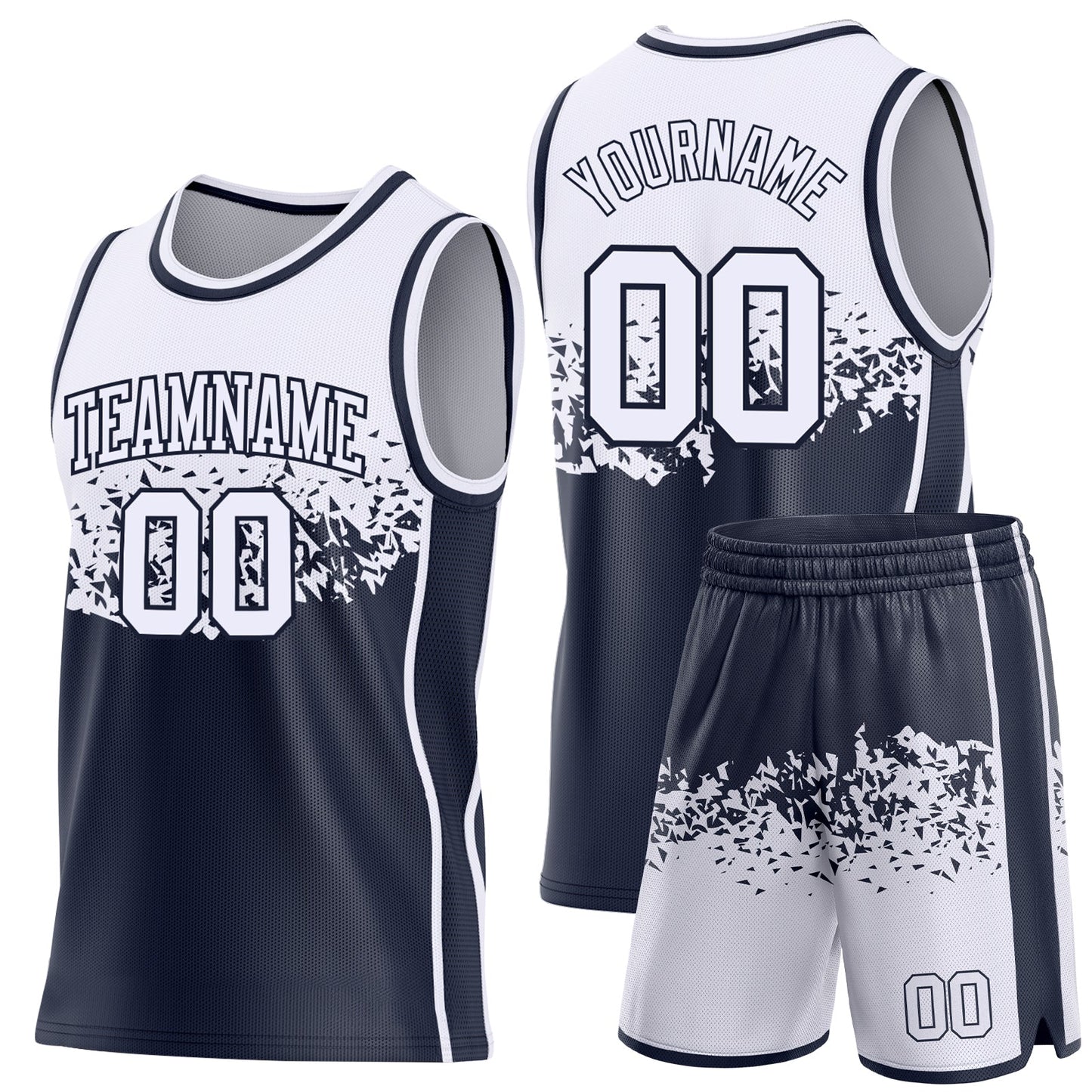 Custom White-Navy Shattered Geometric Side Panel Stripe Round Neck Sublimation Basketball Set Jersey view 2