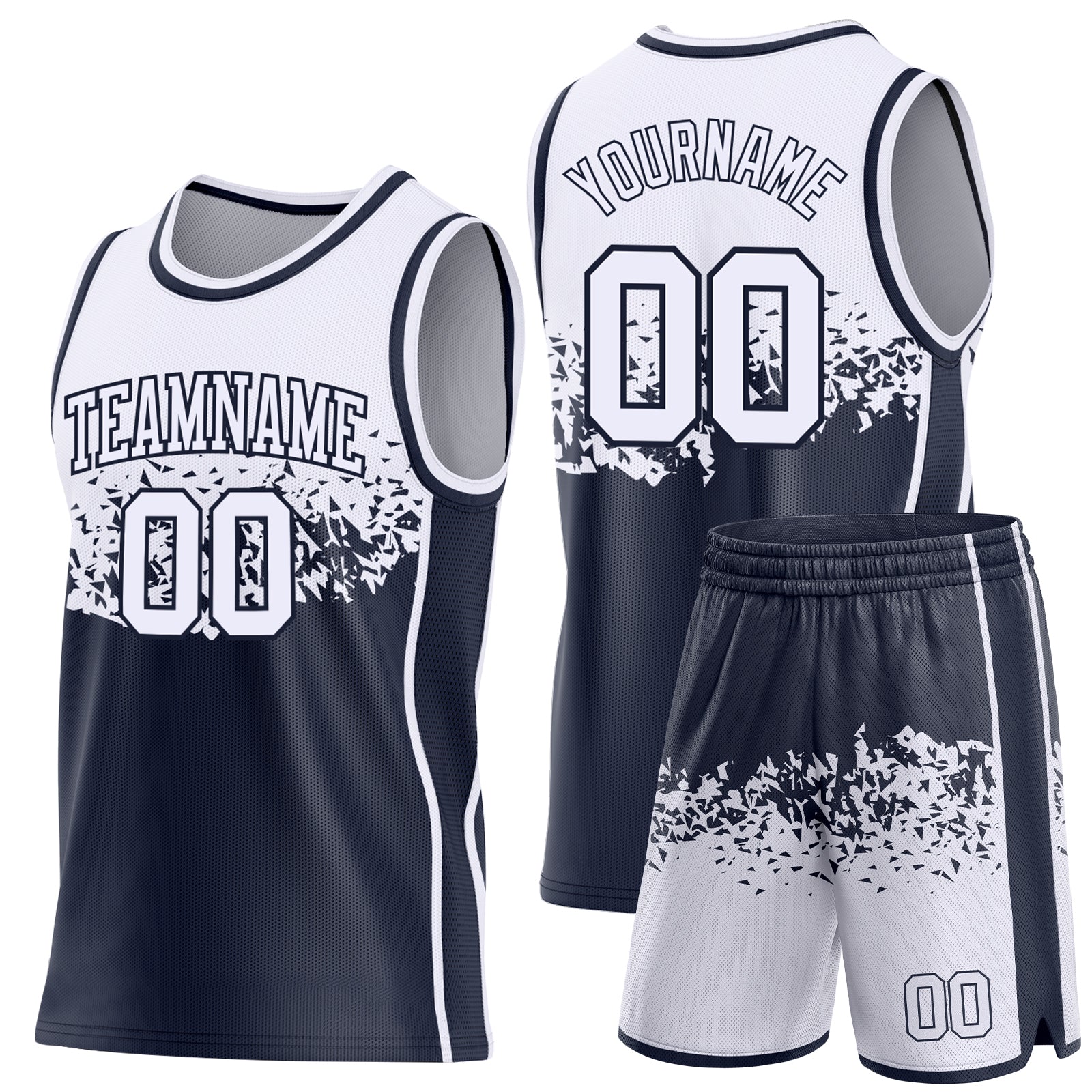 Custom White-Navy Shattered Geometric Side Panel Stripe Round Neck Sublimation Basketball Set Jersey view 2