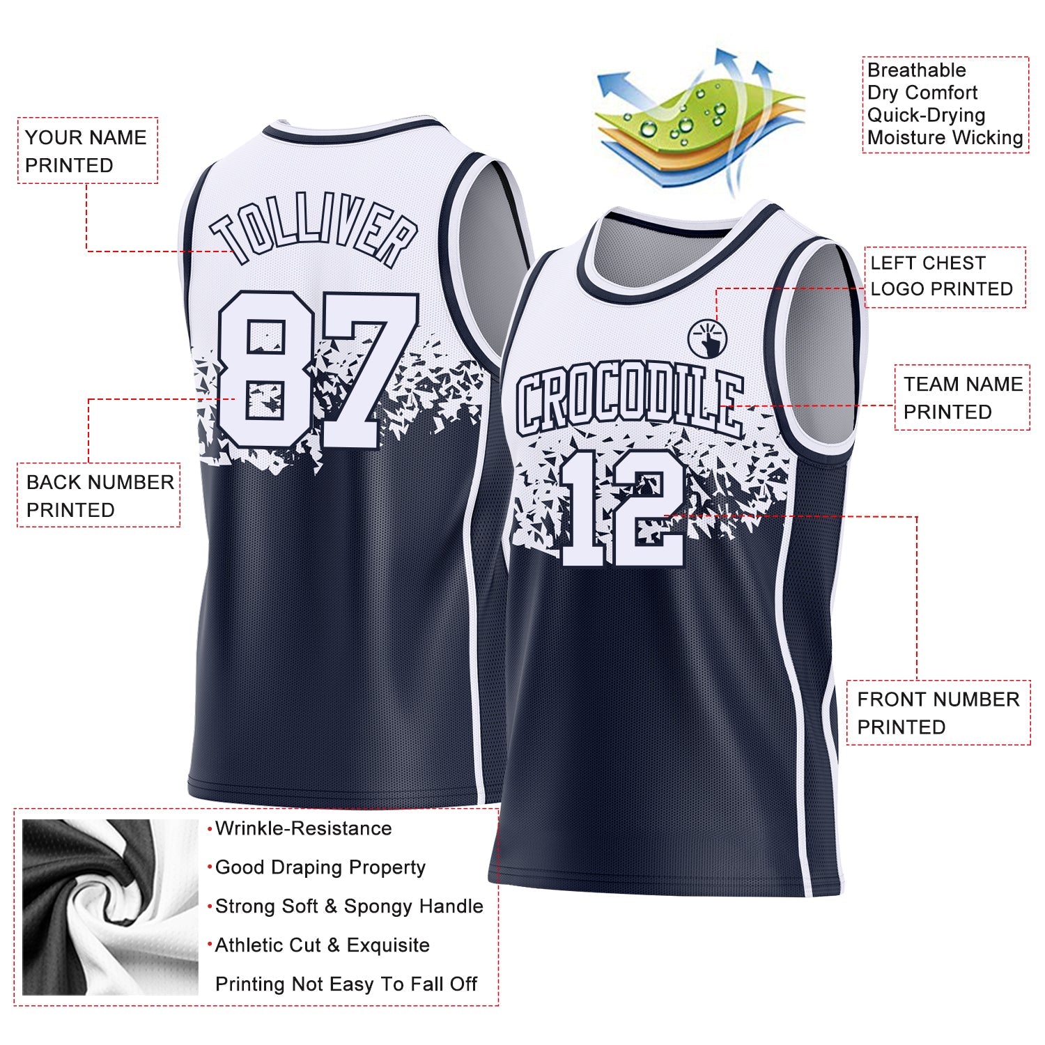 Custom White-Navy Shattered Geometric Side Panel Stripe Round Neck Sublimation Basketball Set Jersey view 3