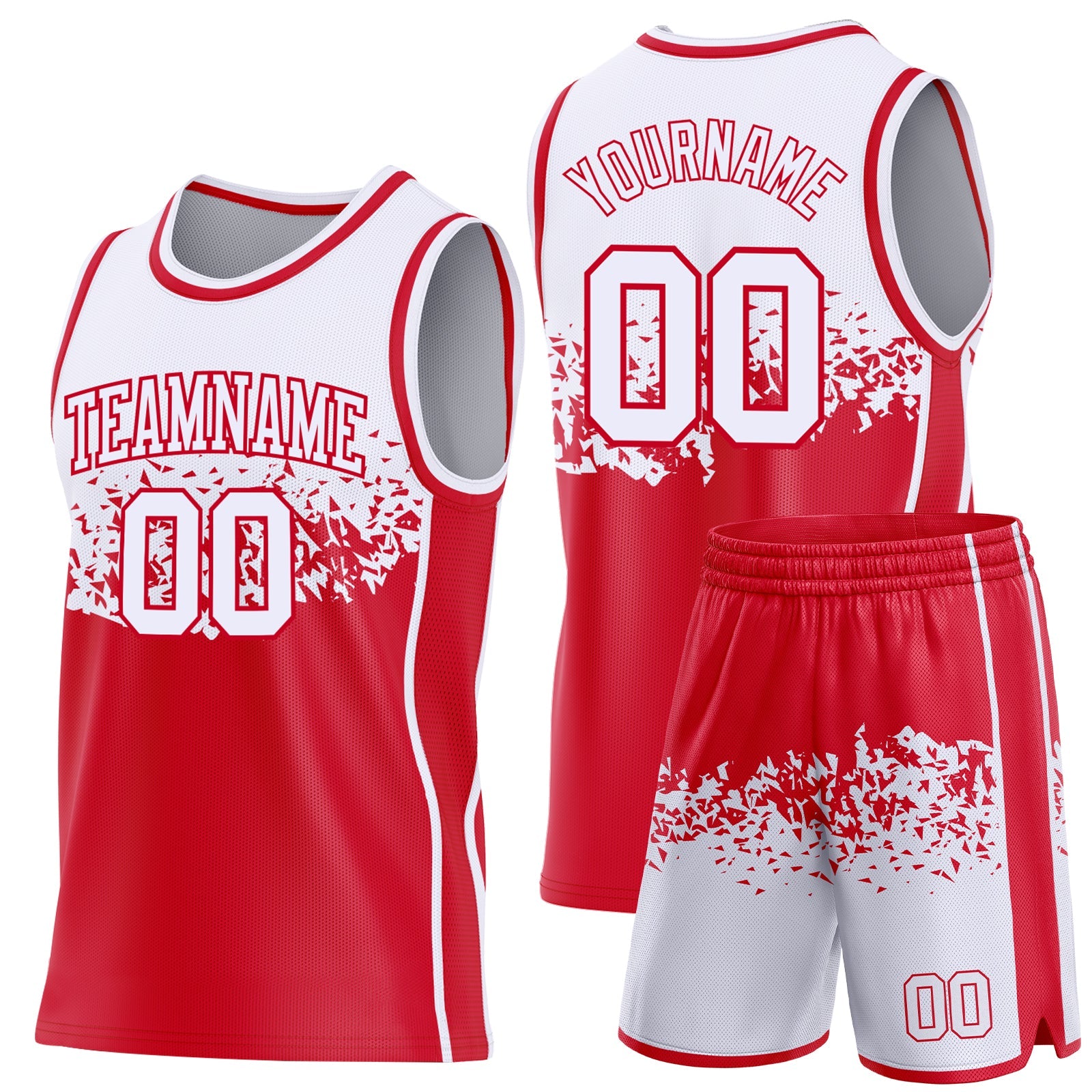 Custom White-Red Shattered Geometric Side Panel Stripe Round Neck Sublimation Basketball Set Jersey view 2