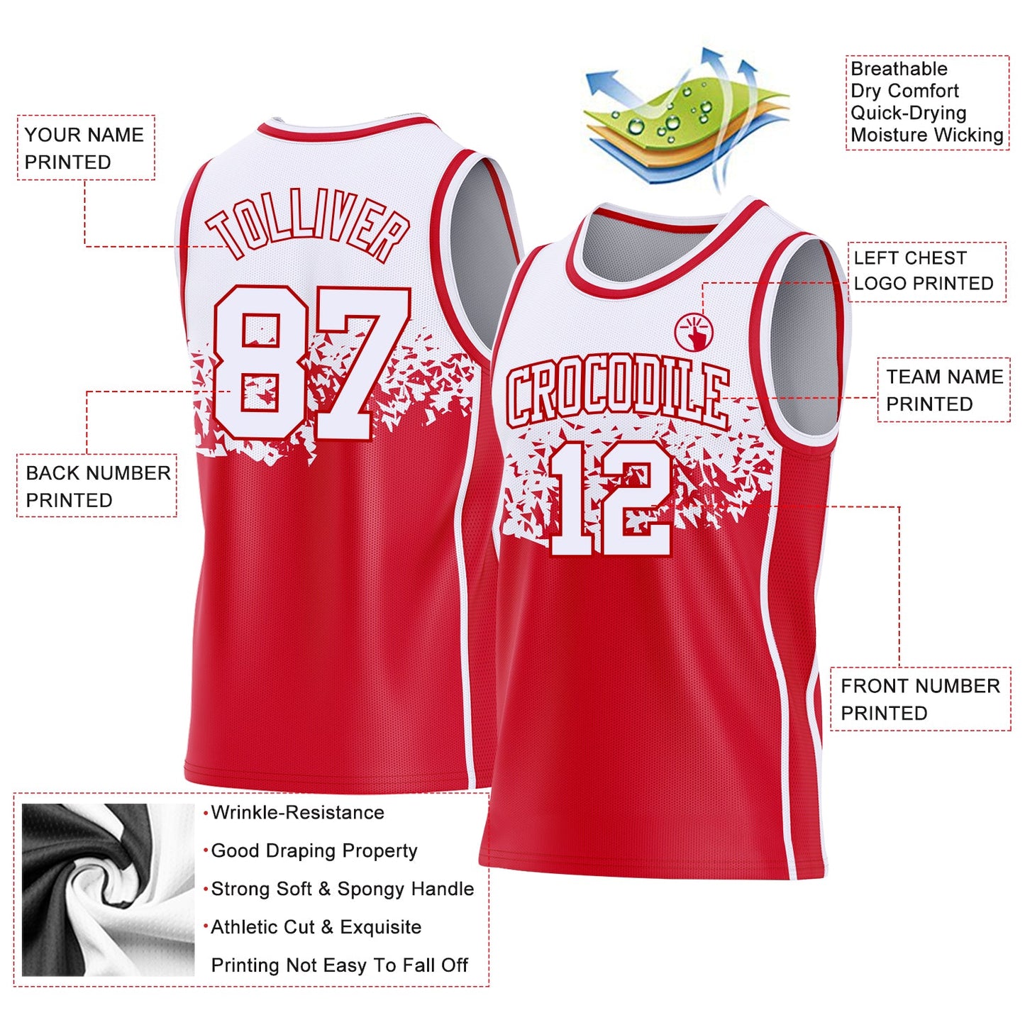 Custom White-Red Shattered Geometric Side Panel Stripe Round Neck Sublimation Basketball Set Jersey view 3
