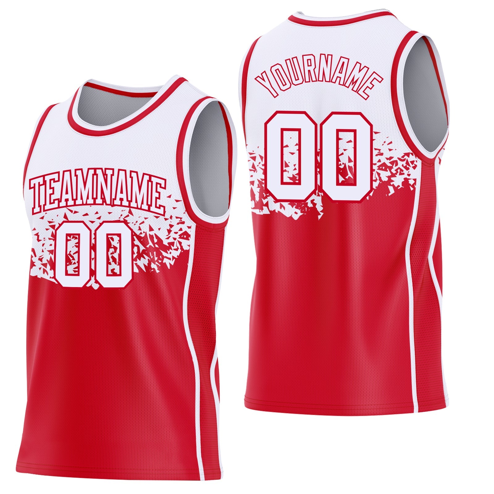 Custom White-Red Shattered Geometric Side Panel Stripe Round Neck Sublimation Basketball Set Jersey - Main View