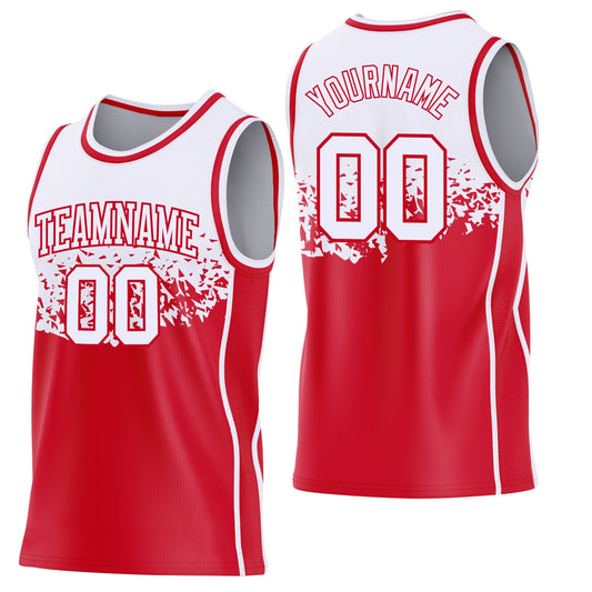 Custom White-Red Shattered Geometric Side Panel Stripe Round Neck Sublimation Basketball Set Jersey - Main View