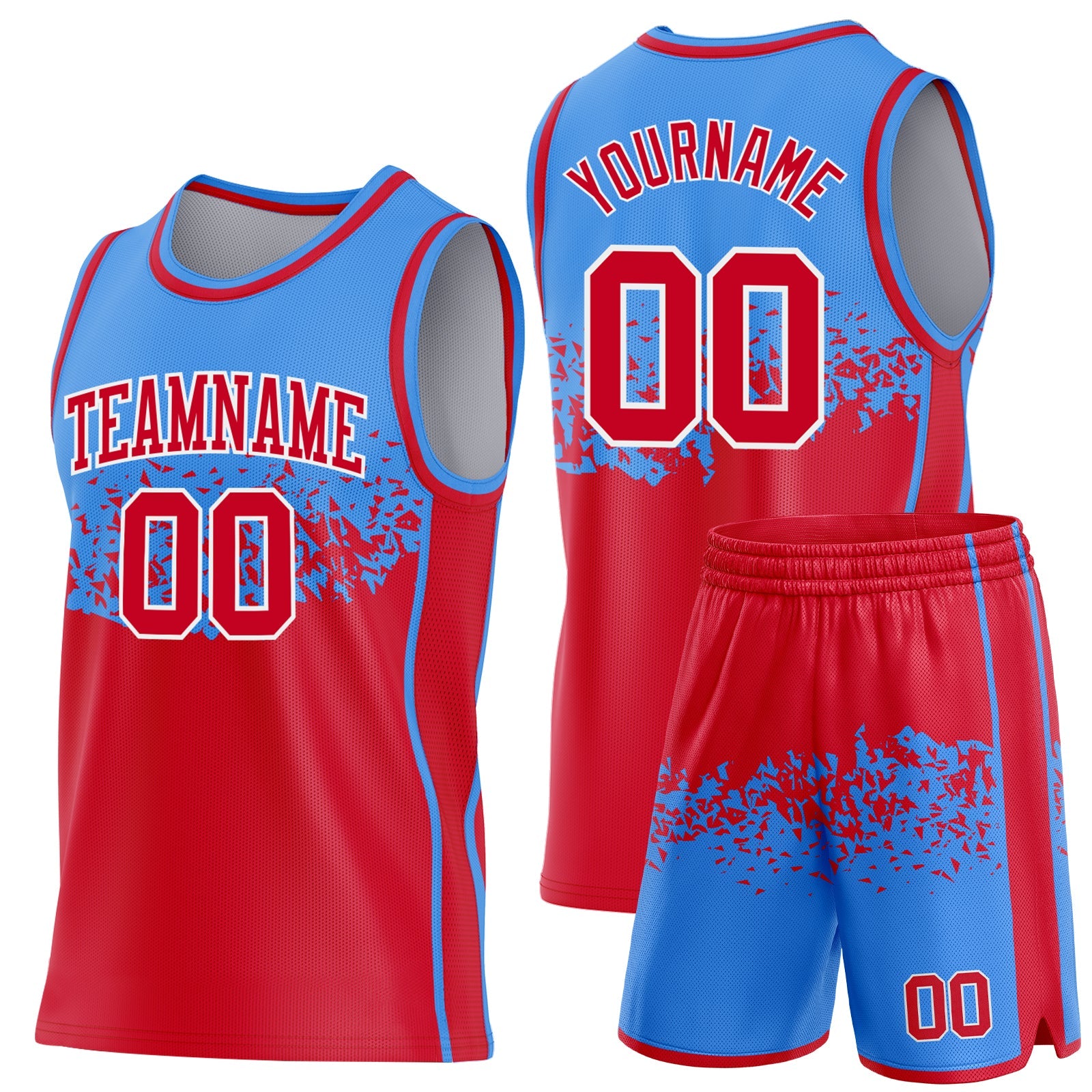 Custom Powder Blue Red-White Shattered Geometric Side Panel Stripe Round Neck Sublimation Basketball Set Jersey view 2