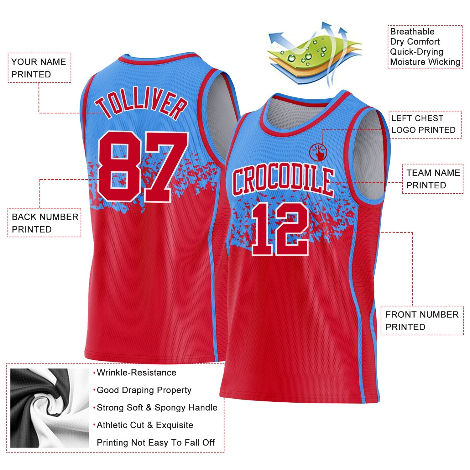 Custom Powder Blue Red-White Shattered Geometric Side Panel Stripe Round Neck Sublimation Basketball Set Jersey view 3
