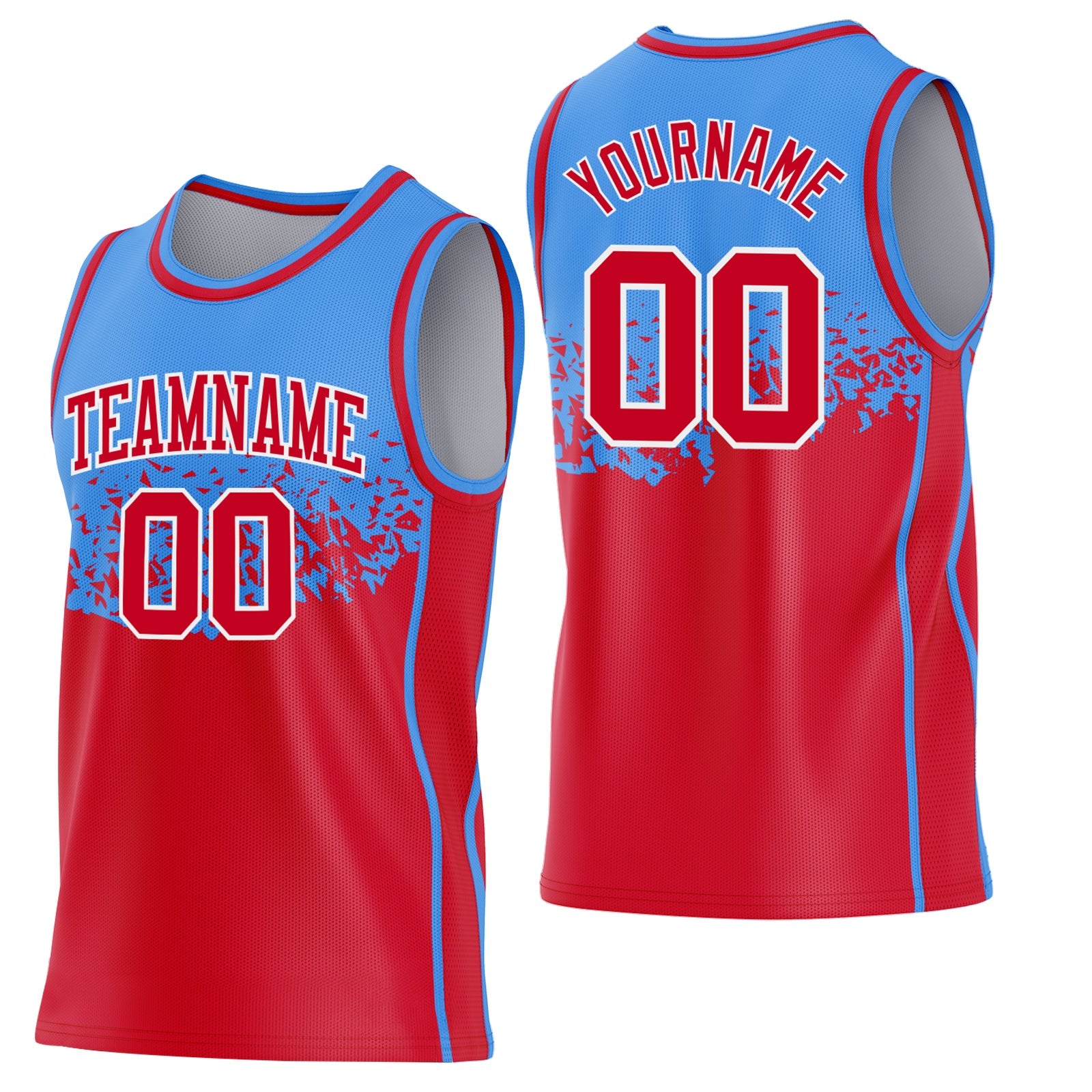Custom Powder Blue Red-White Shattered Geometric Side Panel Stripe Round Neck Sublimation Basketball Set Jersey - Main View
