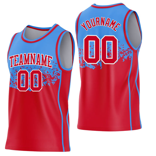Custom Powder Blue Red-White Shattered Geometric Side Panel Stripe Round Neck Sublimation Basketball Set Jersey - Main View
