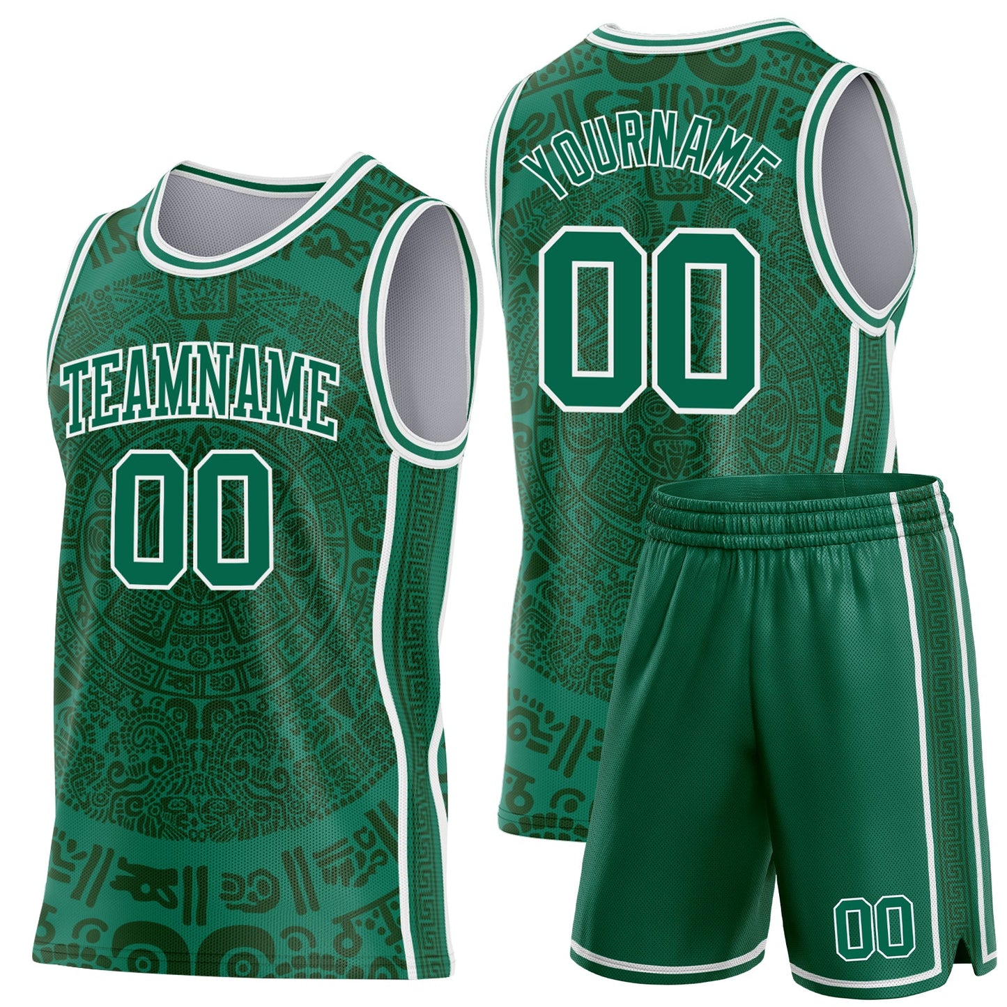 Custom Kelly Green-White Tribal Ethnic Aztec Sun Stone Side Panel Stripe Round Neck Sublimation Basketball Set Jersey view 2