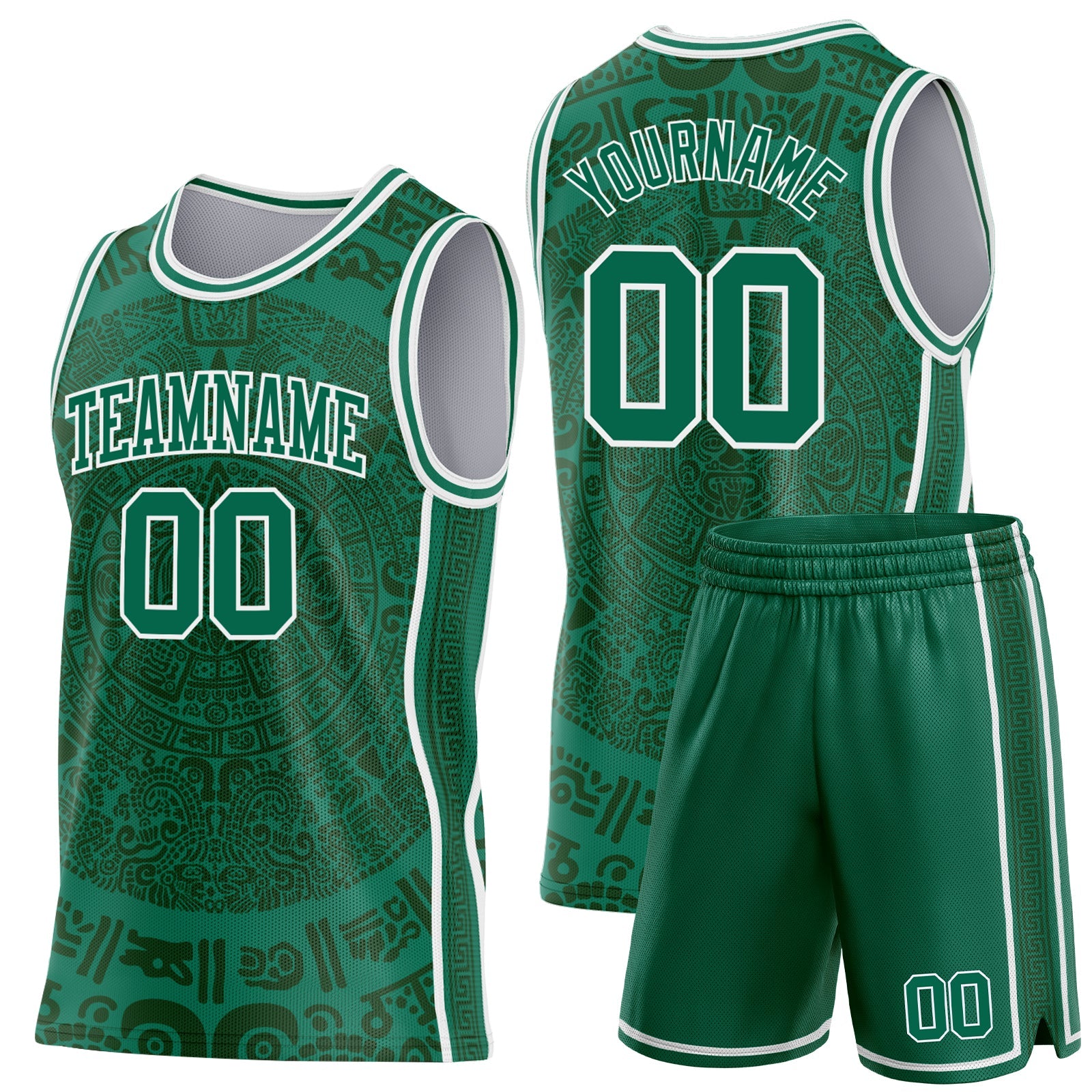 Custom Kelly Green-White Tribal Ethnic Aztec Sun Stone Side Panel Stripe Round Neck Sublimation Basketball Set Jersey view 2