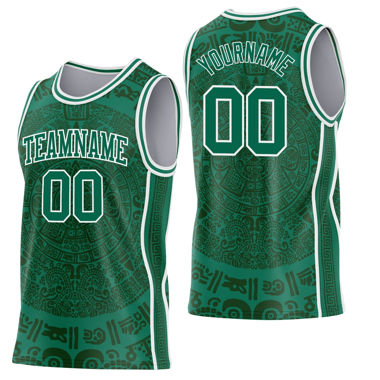 Custom Kelly Green-White Tribal Ethnic Aztec Sun Stone Side Panel Stripe Round Neck Sublimation Basketball Set Jersey - Main View