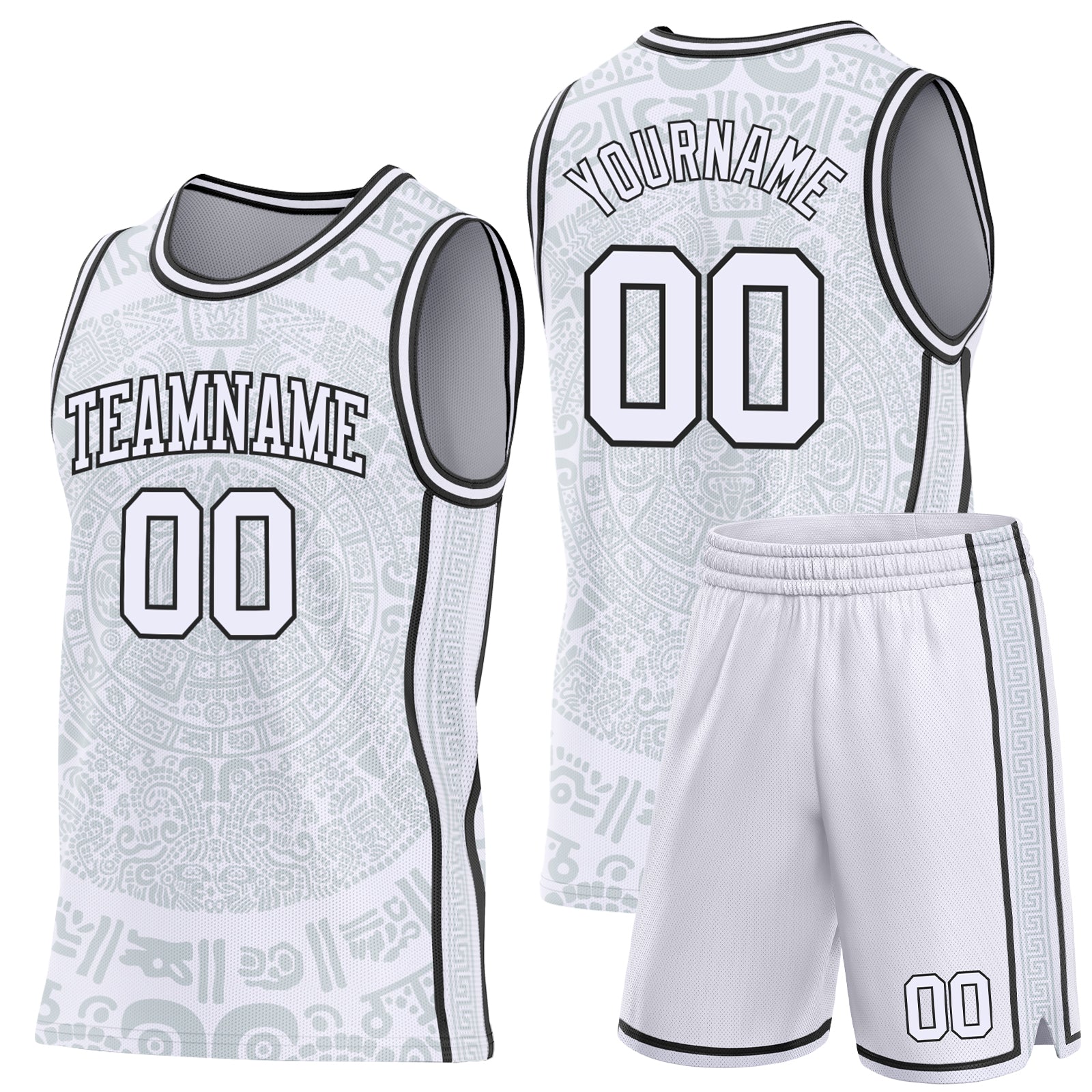 Custom White-Black Tribal Ethnic Aztec Sun Stone Side Panel Stripe Round Neck Sublimation Basketball Set Jersey view 2