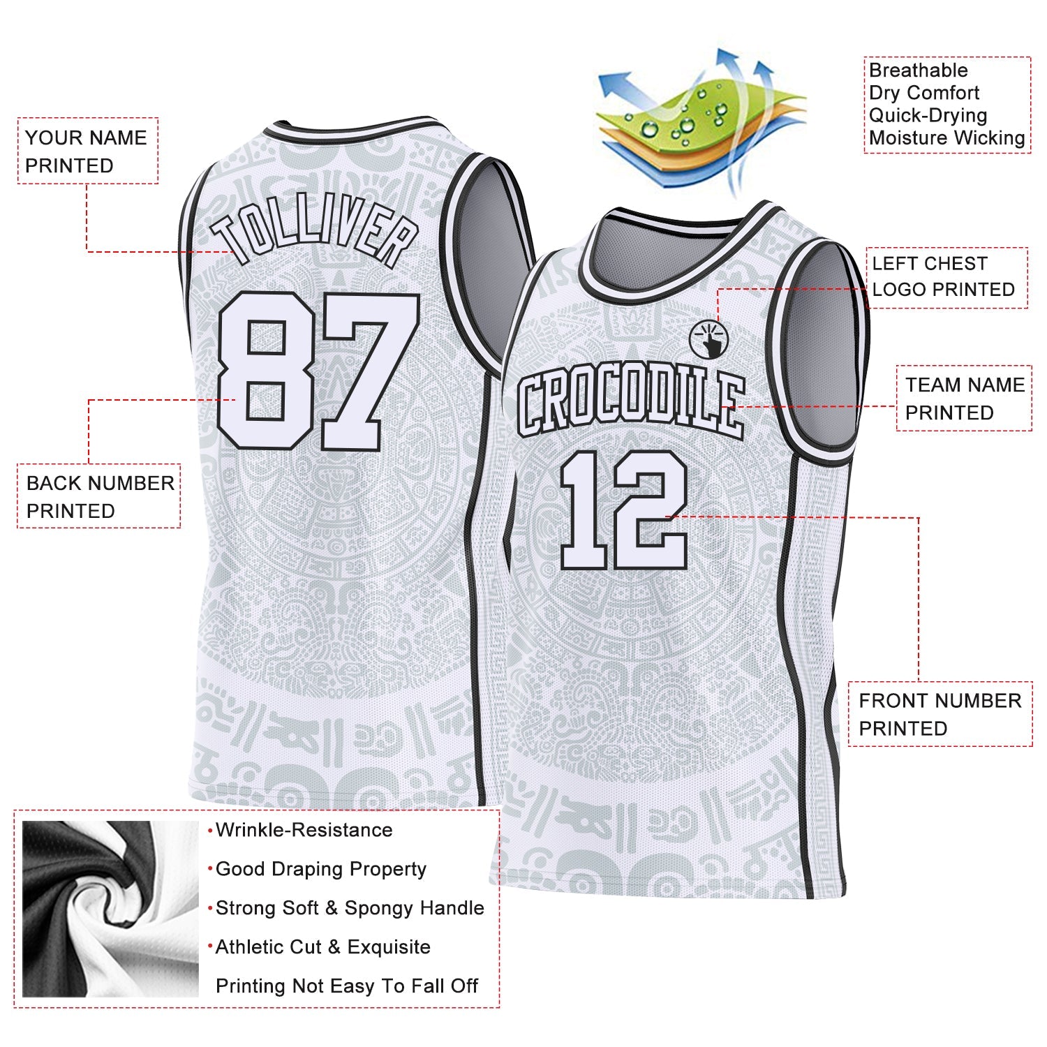 Custom White-Black Tribal Ethnic Aztec Sun Stone Side Panel Stripe Round Neck Sublimation Basketball Set Jersey view 3