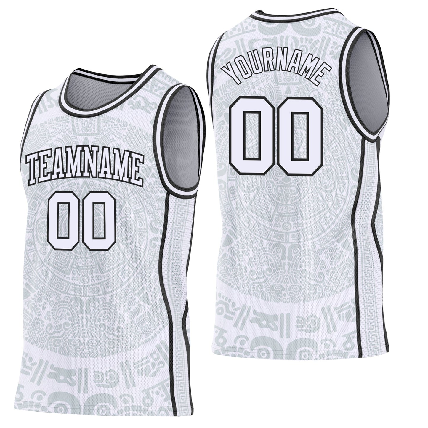 Custom White-Black Tribal Ethnic Aztec Sun Stone Side Panel Stripe Round Neck Sublimation Basketball Set Jersey - Main View