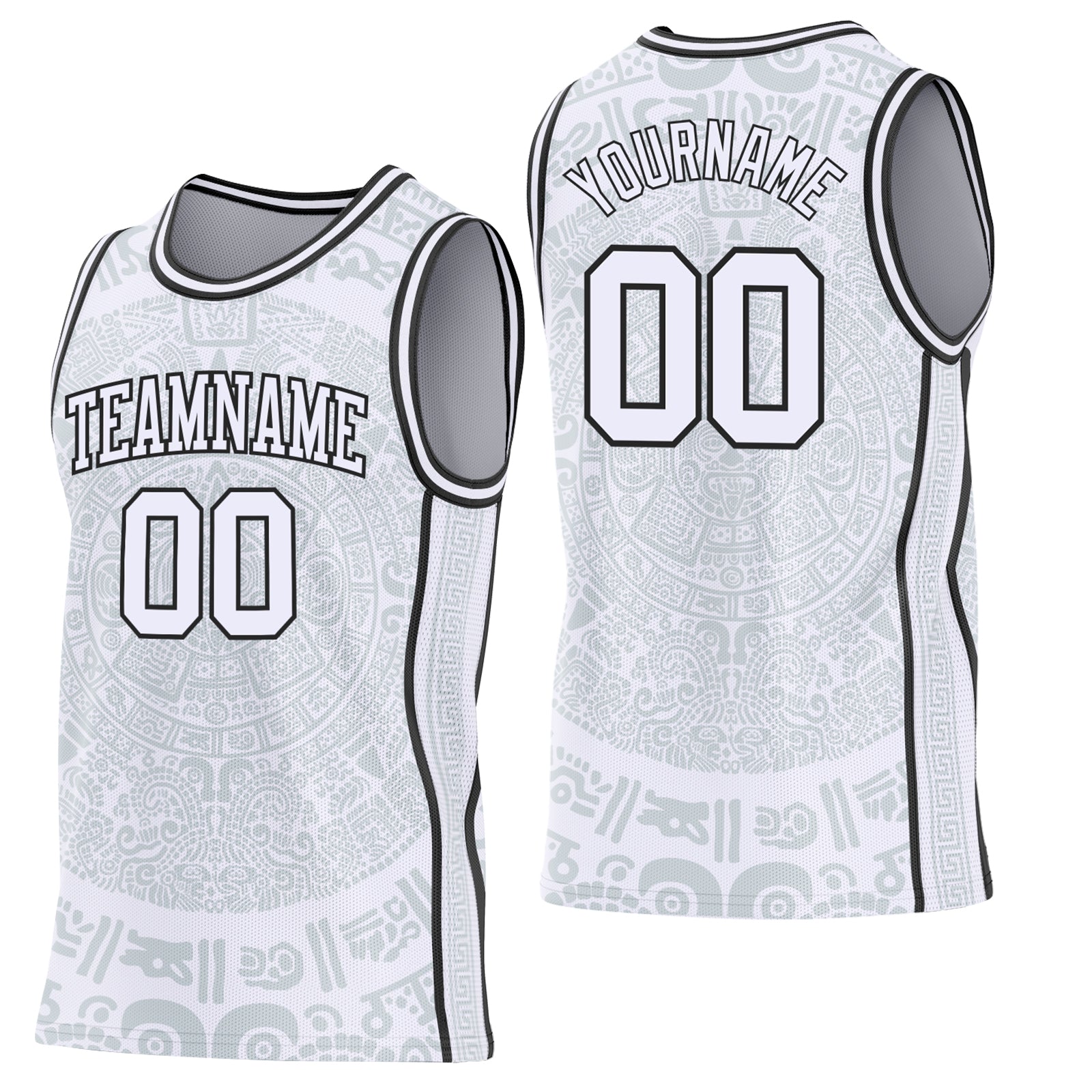 Custom White-Black Tribal Ethnic Aztec Sun Stone Side Panel Stripe Round Neck Sublimation Basketball Set Jersey - Main View