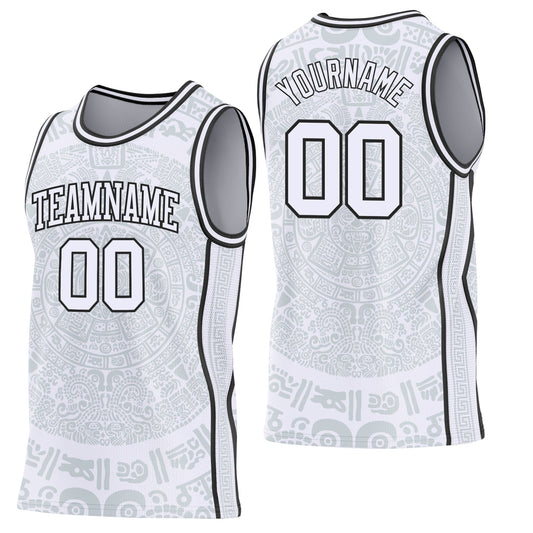 Custom White-Black Tribal Ethnic Aztec Sun Stone Side Panel Stripe Round Neck Sublimation Basketball Set Jersey - Main View
