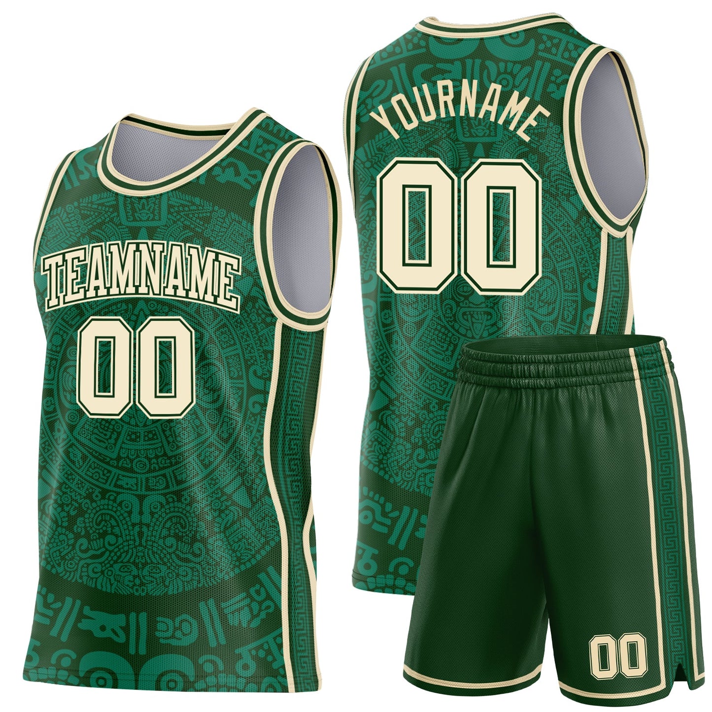 Custom Green-Cream Tribal Ethnic Aztec Sun Stone Side Panel Stripe Round Neck Sublimation Basketball Set Jersey view 2