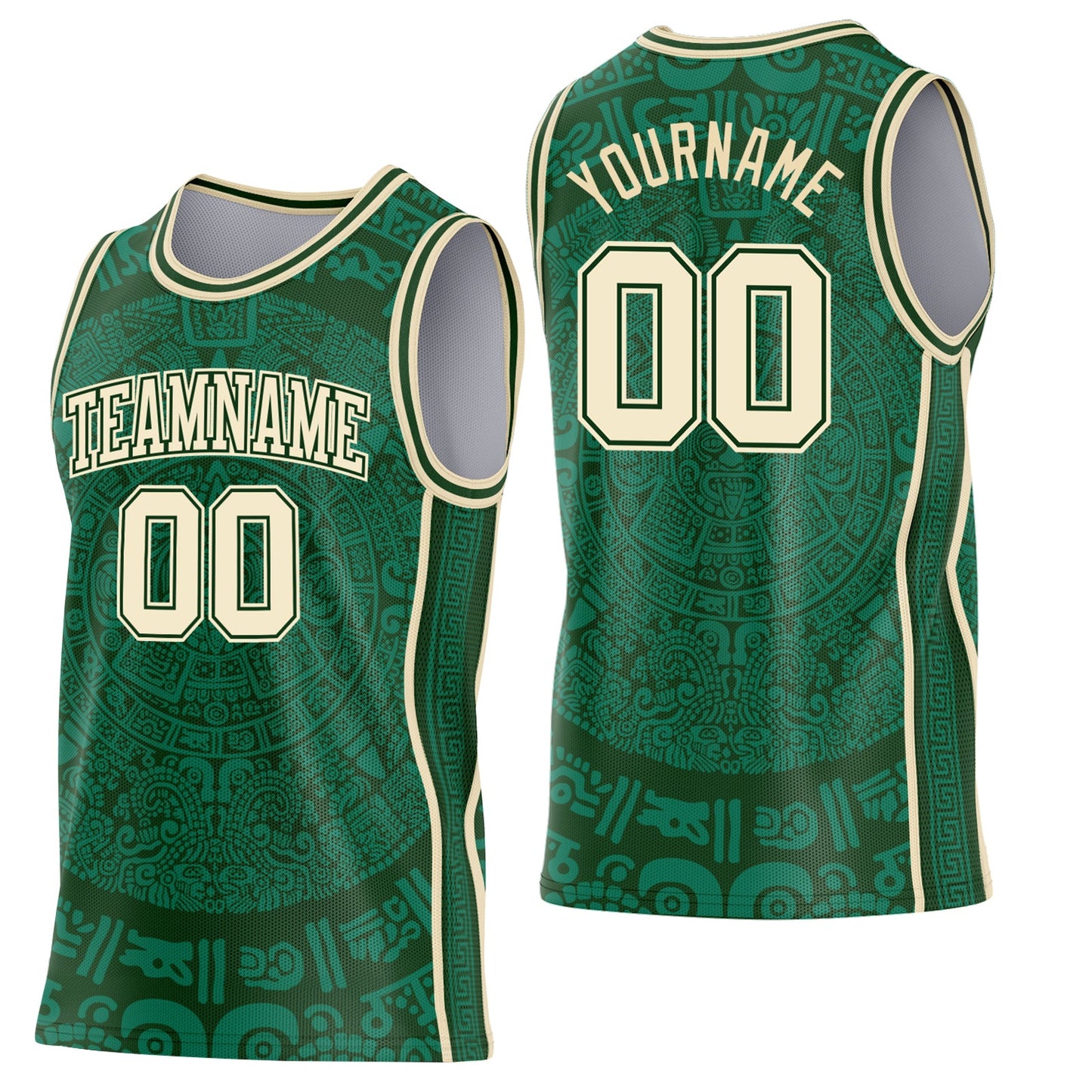 Custom Green-Cream Tribal Ethnic Aztec Sun Stone Side Panel Stripe Round Neck Sublimation Basketball Set Jersey - Main View