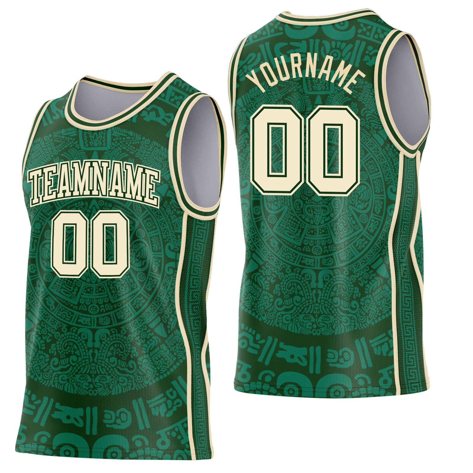 Custom Green-Cream Tribal Ethnic Aztec Sun Stone Side Panel Stripe Round Neck Sublimation Basketball Set Jersey - Main View