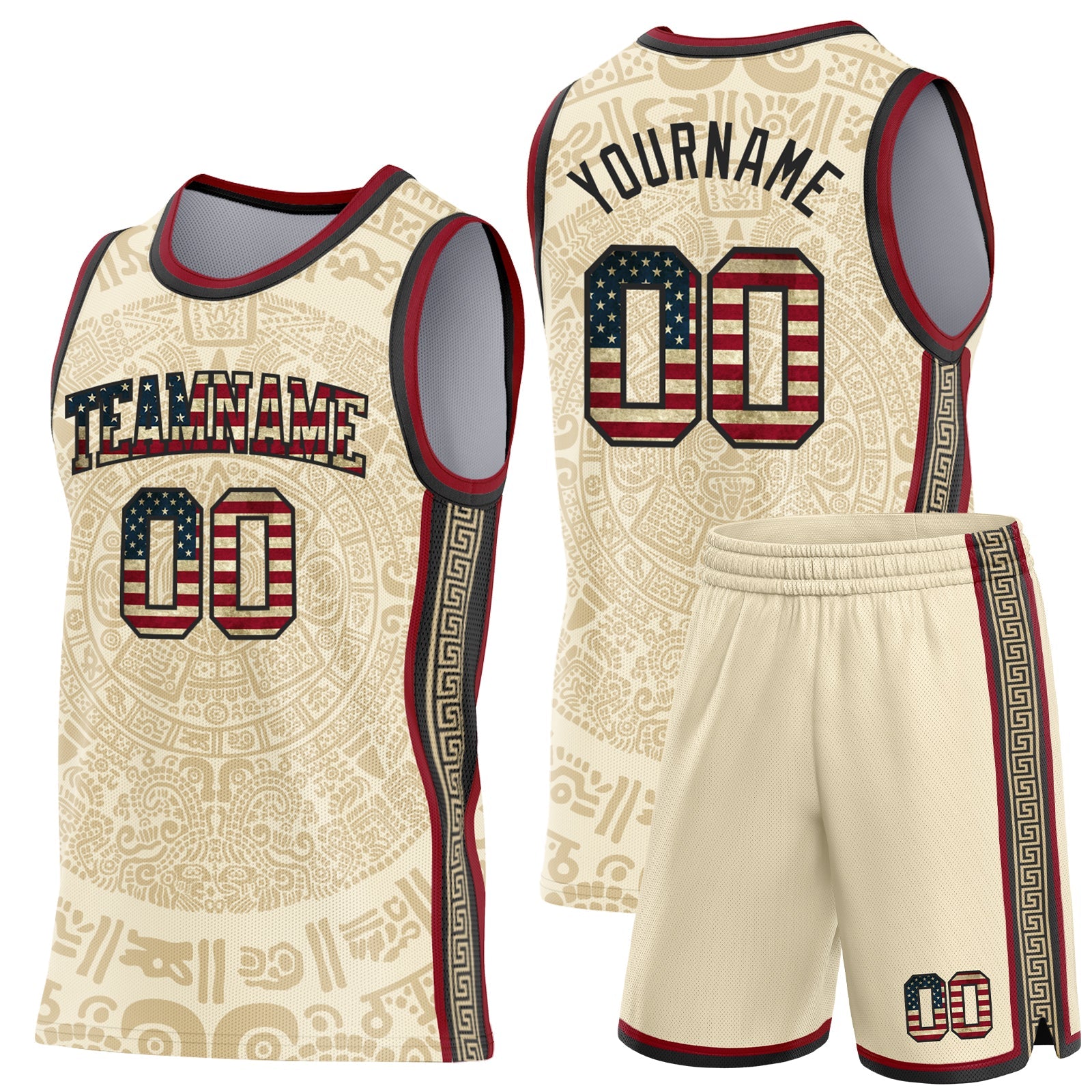 Custom Cream Vintage USA Flag Black-Maroon Tribal Ethnic Aztec Sun Stone Side Panel Stripe Round Neck Sublimation Basketball Set Jersey view 2