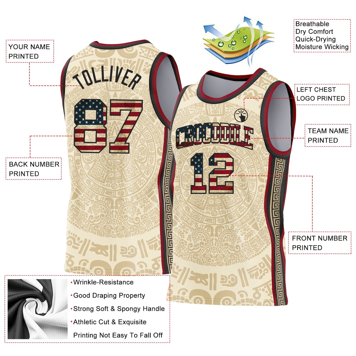 Custom Cream Vintage USA Flag Black-Maroon Tribal Ethnic Aztec Sun Stone Side Panel Stripe Round Neck Sublimation Basketball Set Jersey view 3