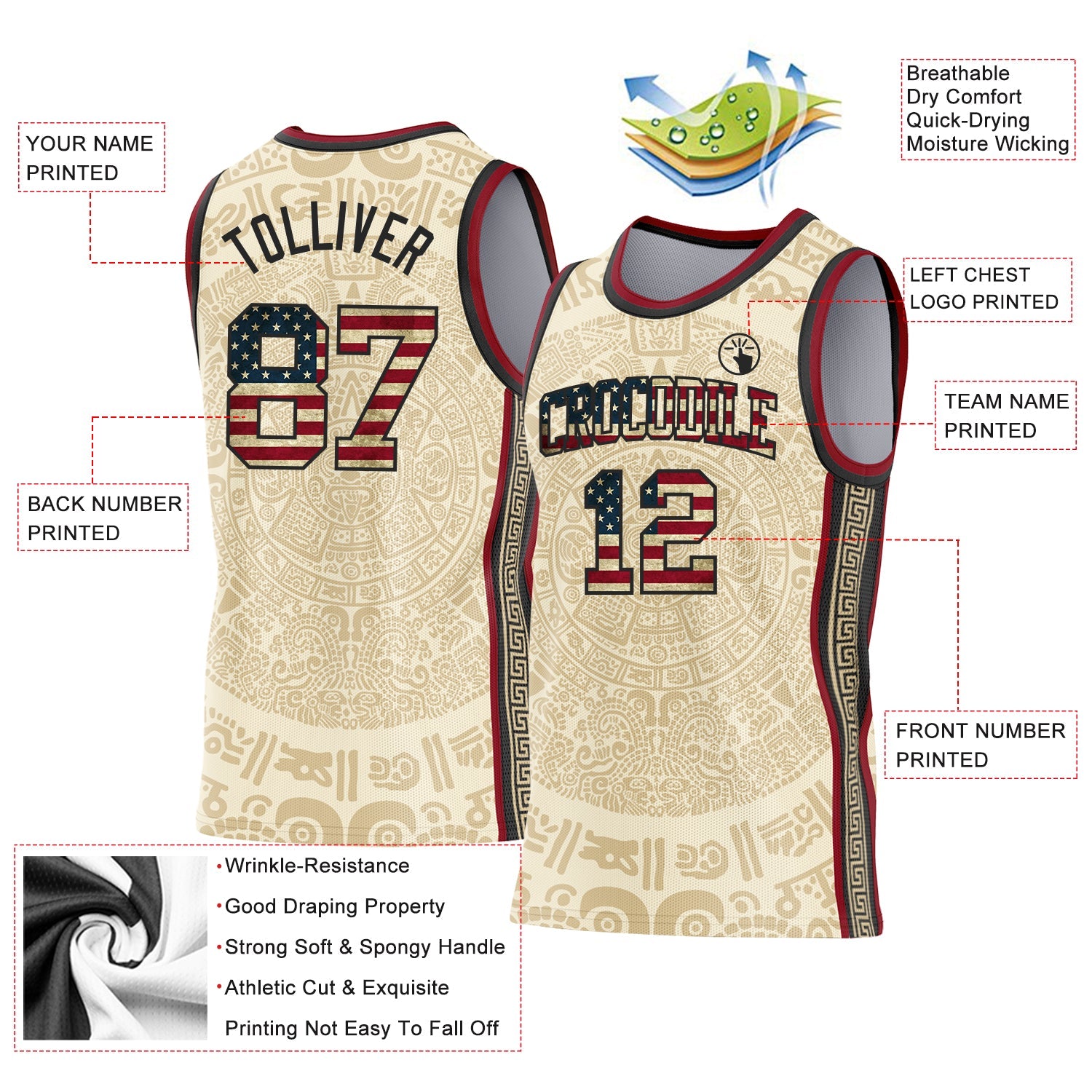 Custom Cream Vintage USA Flag Black-Maroon Tribal Ethnic Aztec Sun Stone Side Panel Stripe Round Neck Sublimation Basketball Set Jersey view 3