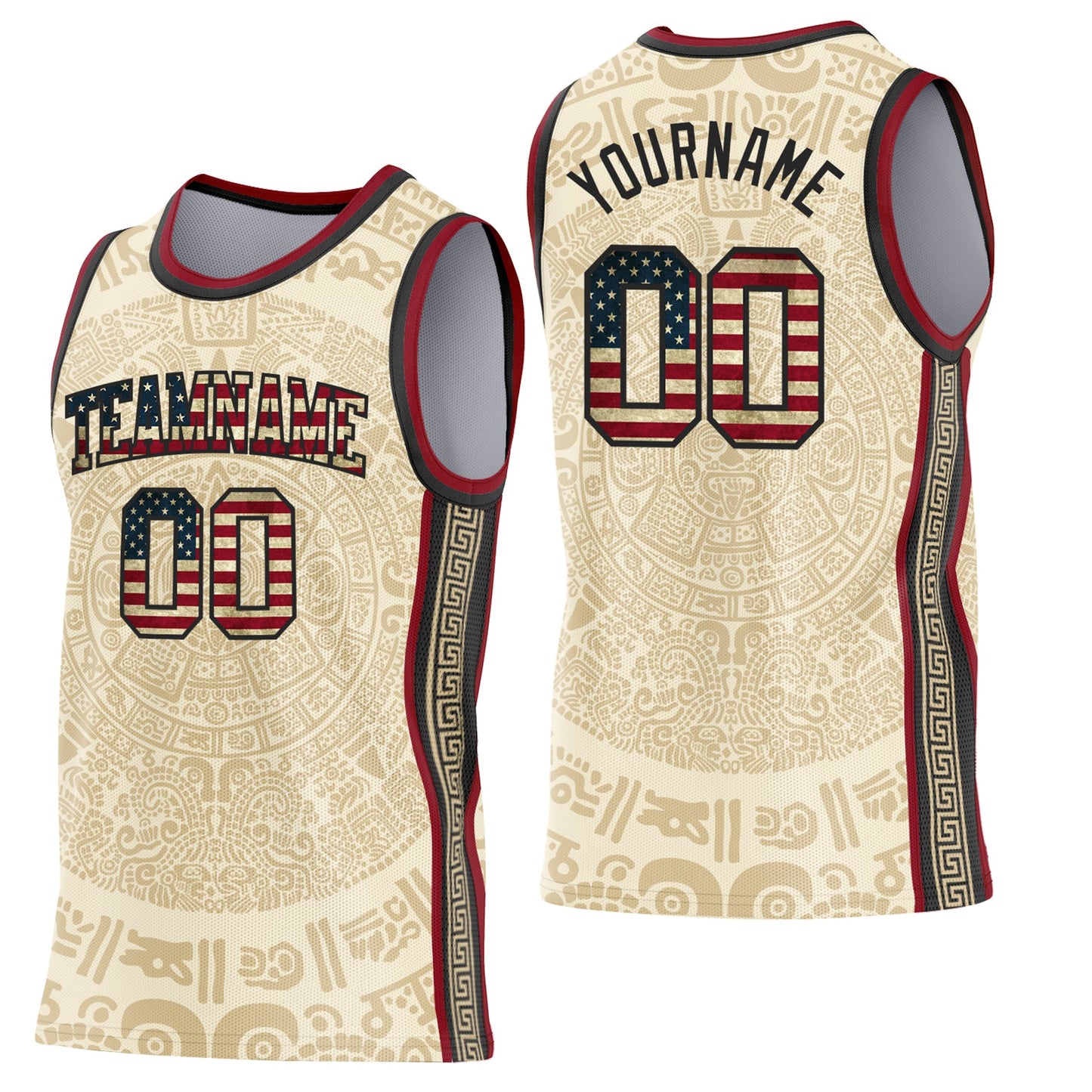 Custom Cream Vintage USA Flag Black-Maroon Tribal Ethnic Aztec Sun Stone Side Panel Stripe Round Neck Sublimation Basketball Set Jersey - Main View