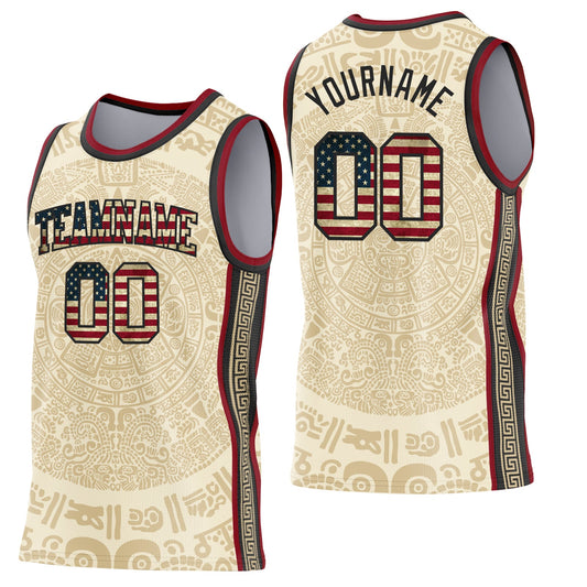 Custom Cream Vintage USA Flag Black-Maroon Tribal Ethnic Aztec Sun Stone Side Panel Stripe Round Neck Sublimation Basketball Set Jersey - Main View