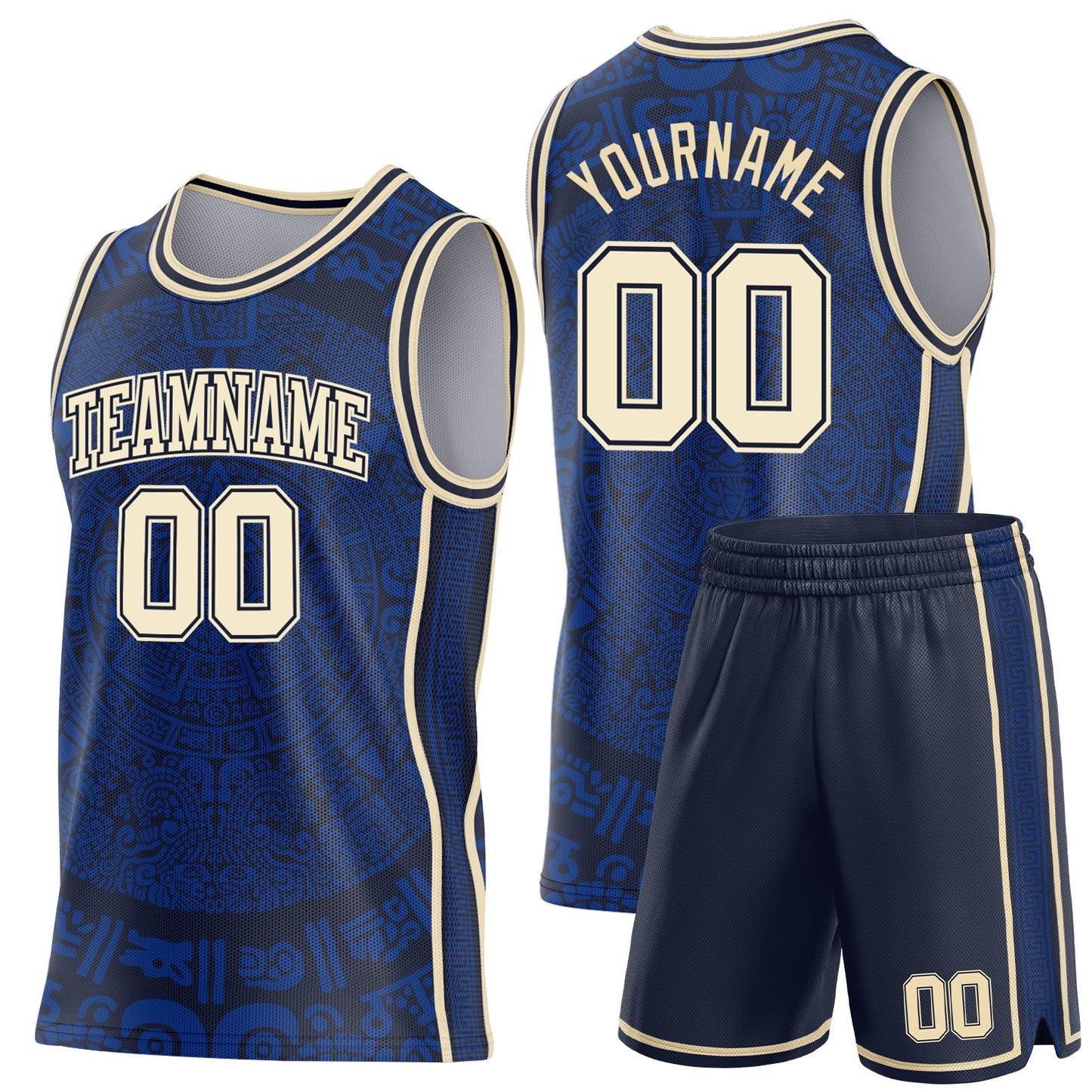 Custom Royal Cream-Navy Tribal Ethnic Aztec Sun Stone Side Panel Stripe Round Neck Sublimation Basketball Set Jersey view 2