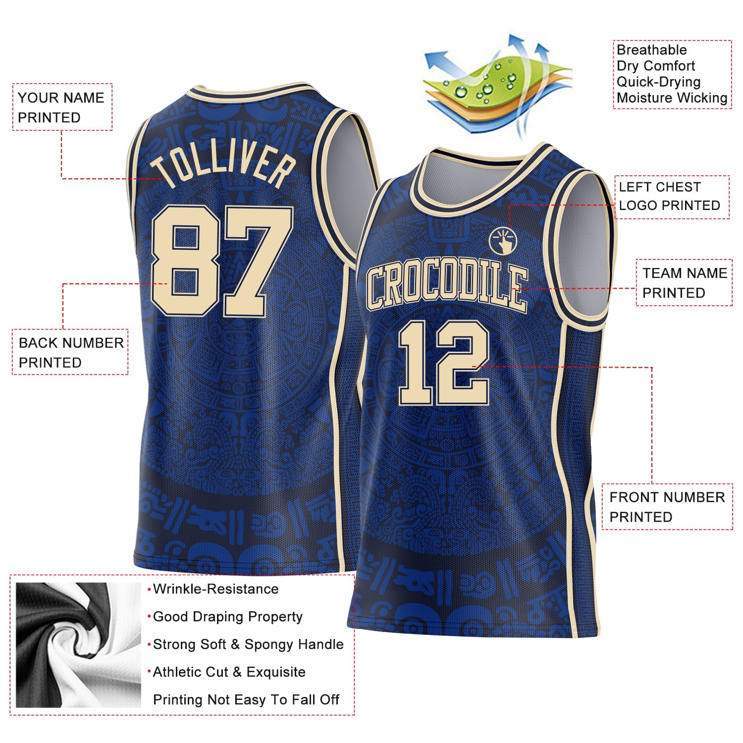 Custom Royal Cream-Navy Tribal Ethnic Aztec Sun Stone Side Panel Stripe Round Neck Sublimation Basketball Set Jersey view 3