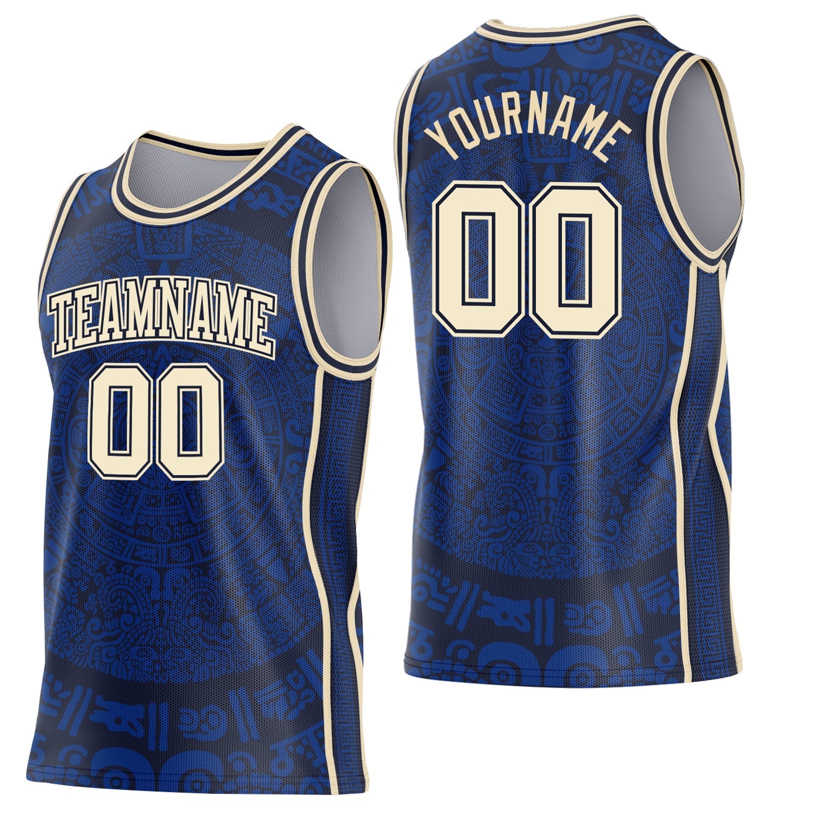 Custom Royal Cream-Navy Tribal Ethnic Aztec Sun Stone Side Panel Stripe Round Neck Sublimation Basketball Set Jersey - Main View