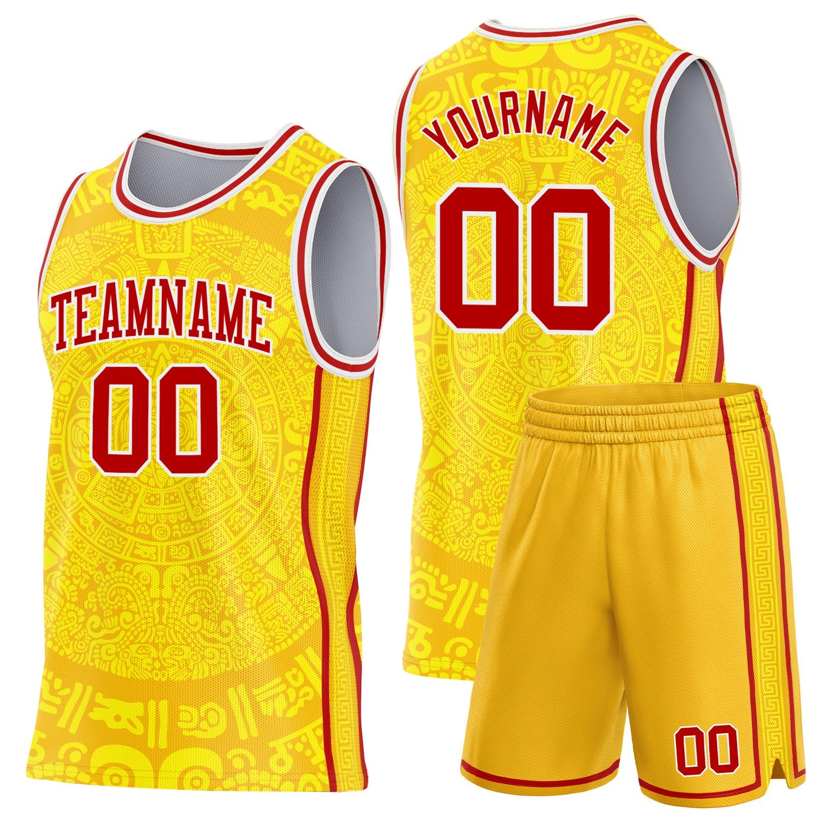 Custom Gold Red-White Tribal Ethnic Aztec Sun Stone Side Panel Stripe Round Neck Sublimation Basketball Set Jersey view 2